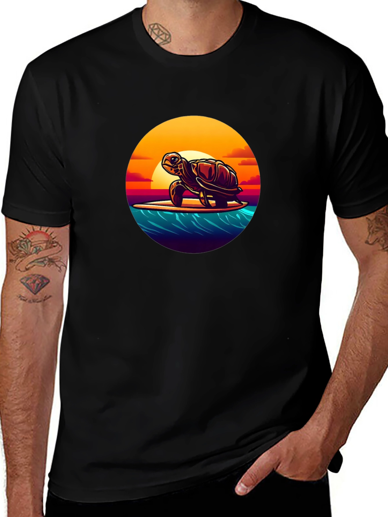 Variant 13 of Surfing Turtle Graphic Tee - Black Cotton T-Shirt