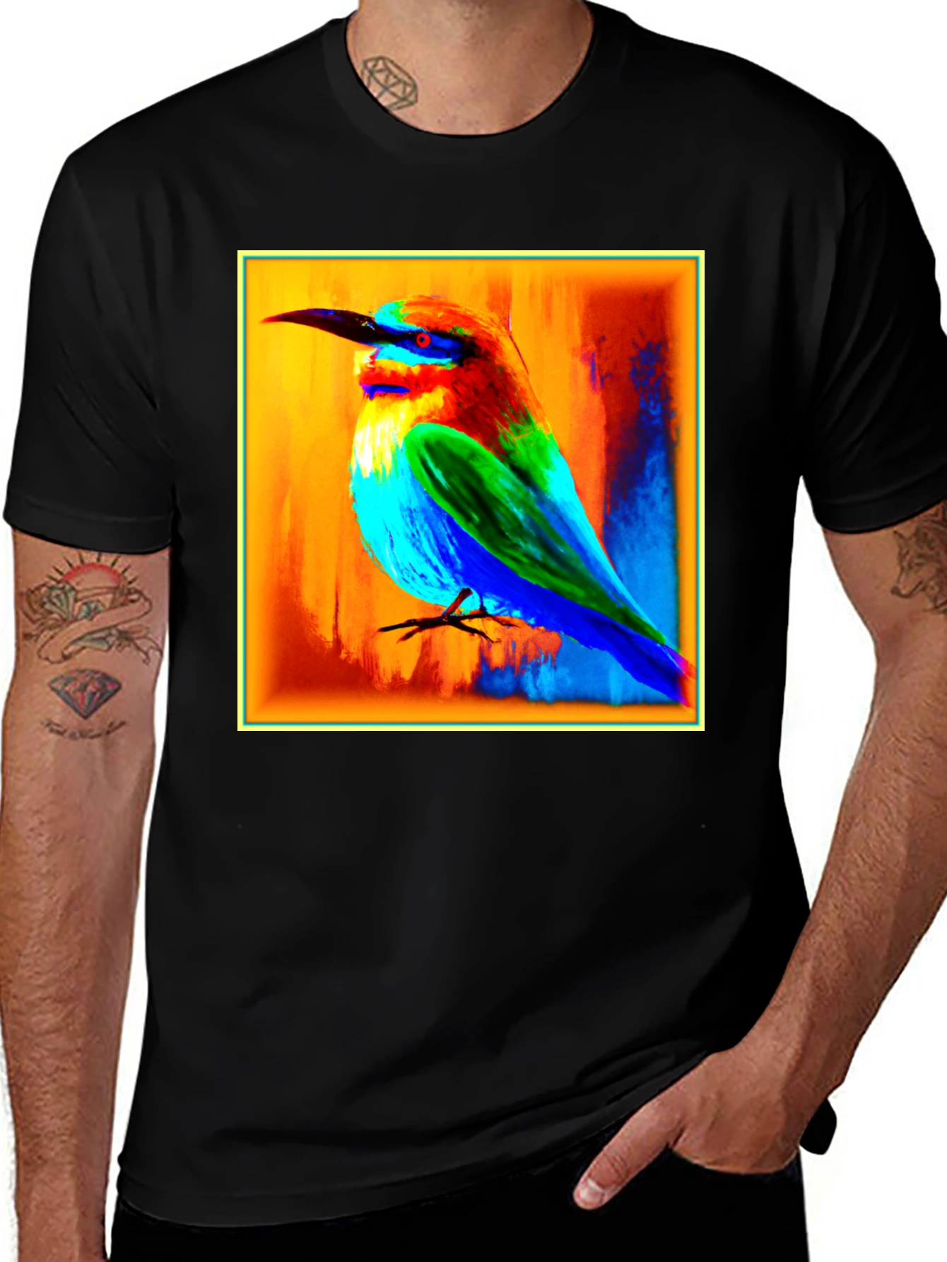 Variant 28 of Vibrant Bird Art Graphic Tee - Black Cotton Blend