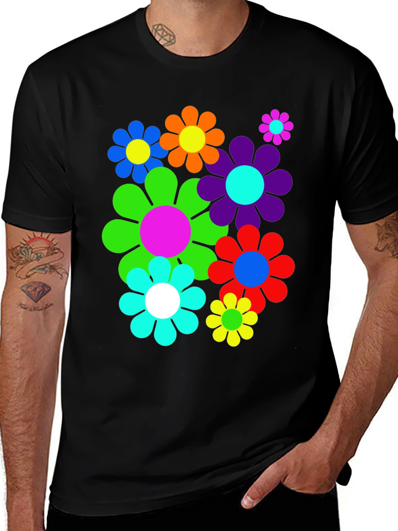 Variant 29 of Retro Flower Power Graphic Tee - Black Cotton Comfort