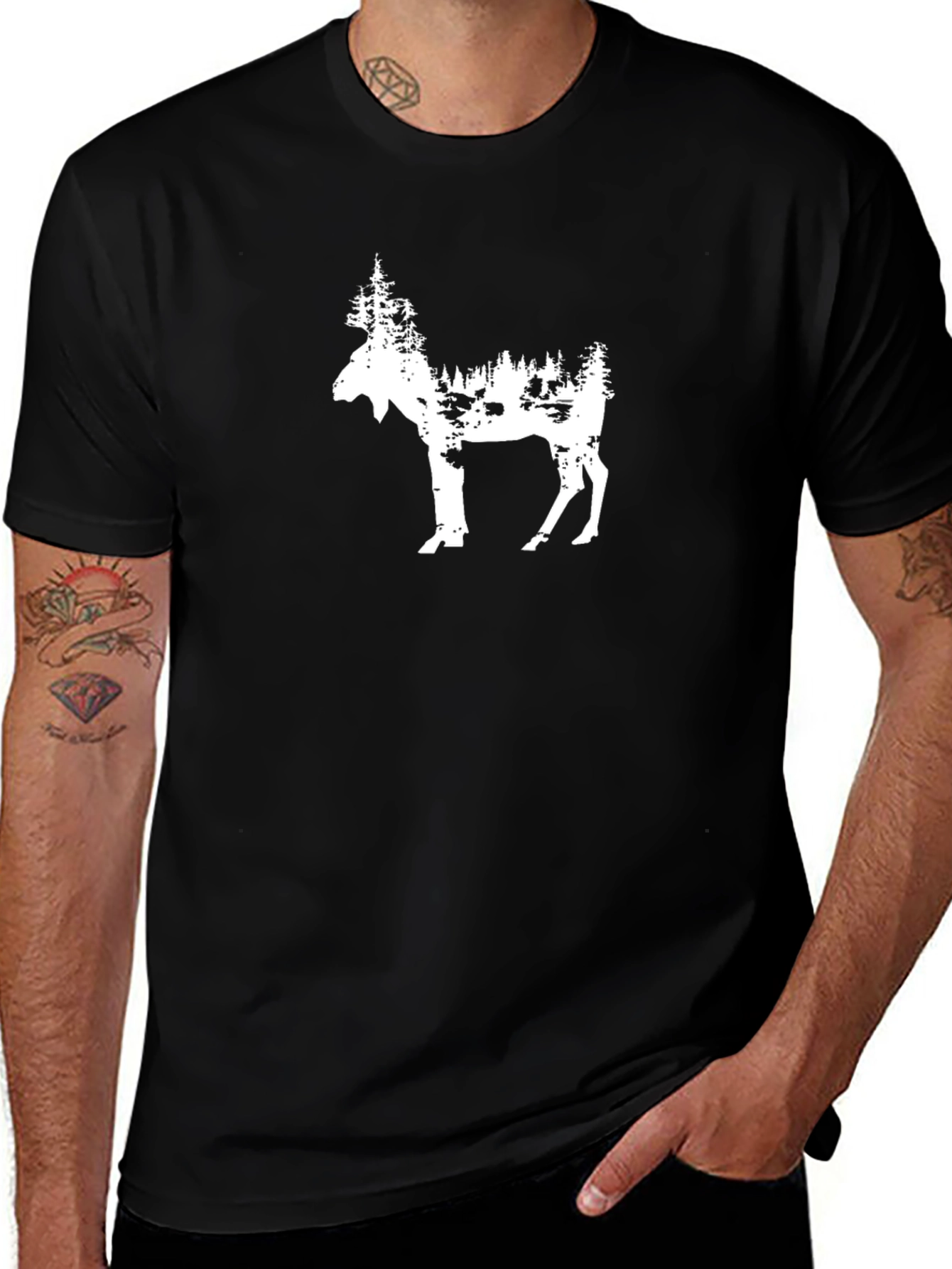 Variant 24 of Men's Black T-Shirt with Deer Forest Design