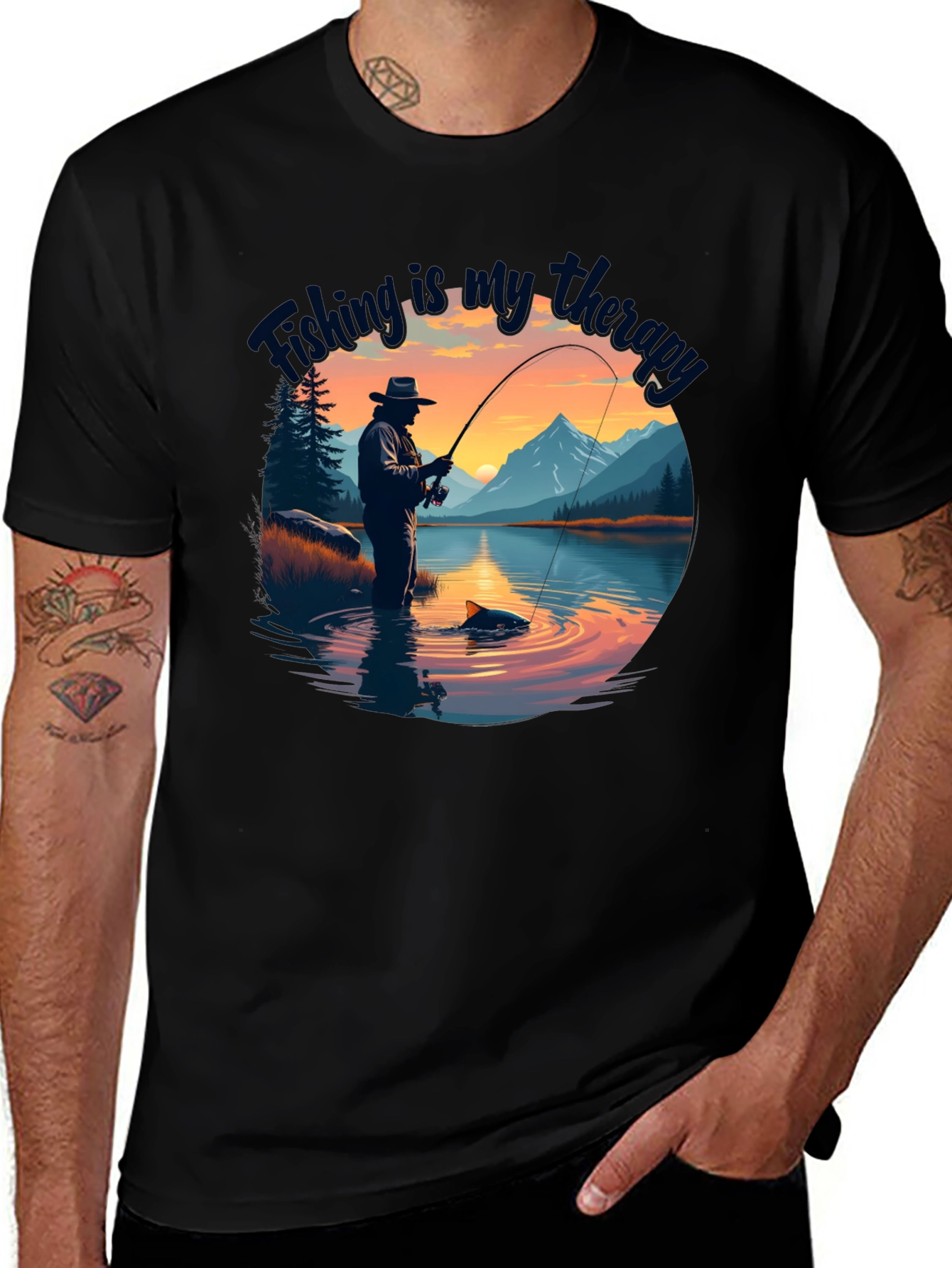 Variant 8 of Fishing is my therapy - Black T-Shirt