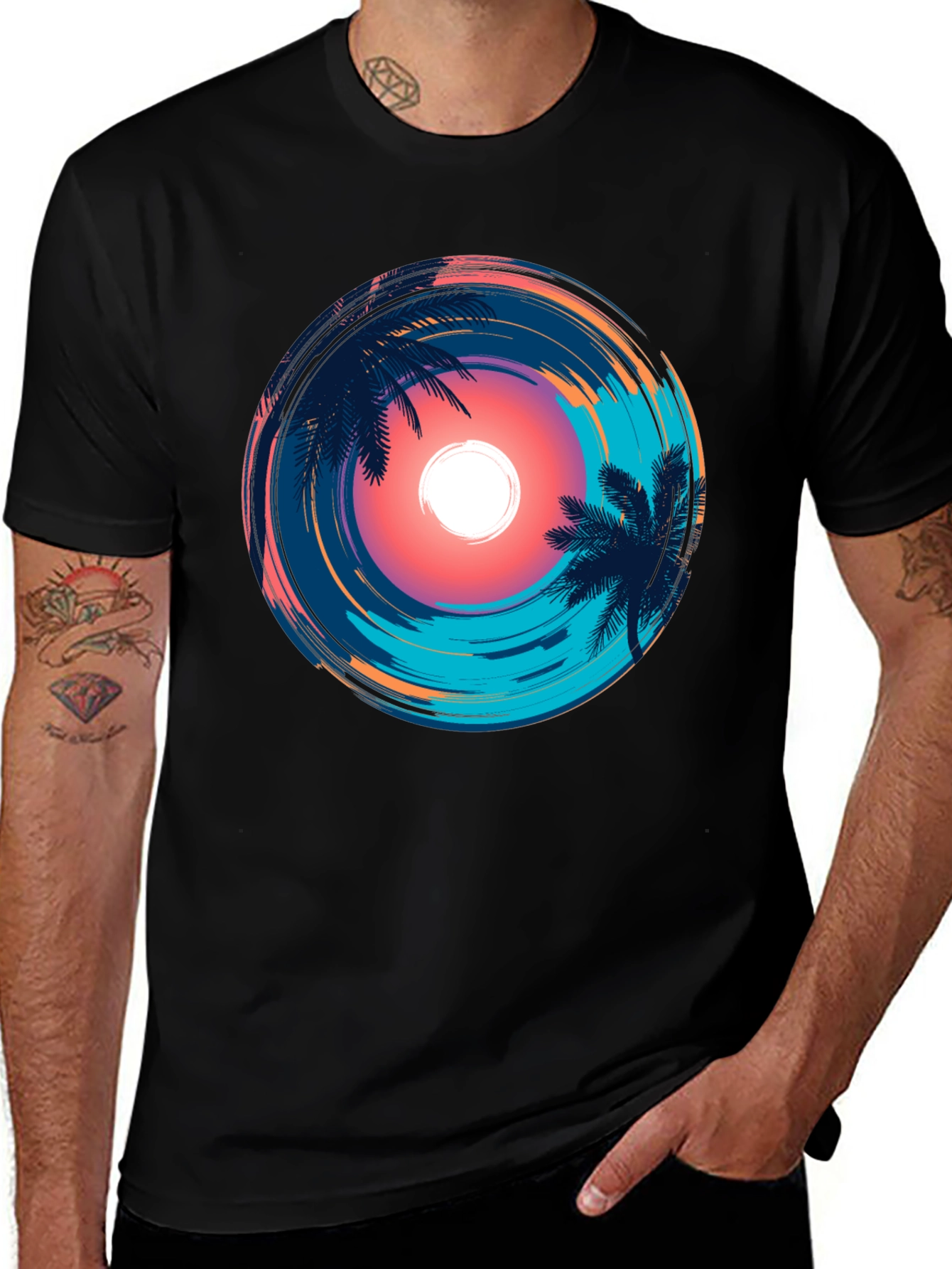 Variant 21 of Tropical Sunset Palm Graphic Tee - Black