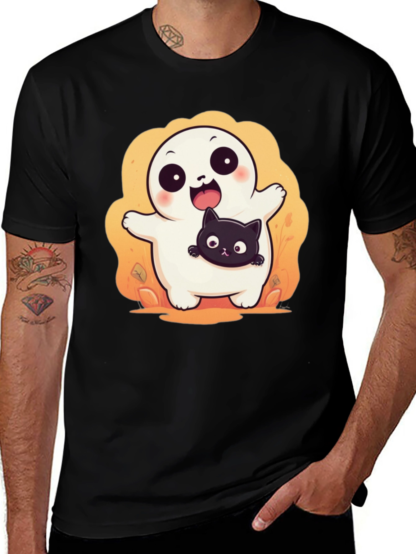 Cute Halloween Ghost with Black Cat T-Shirt