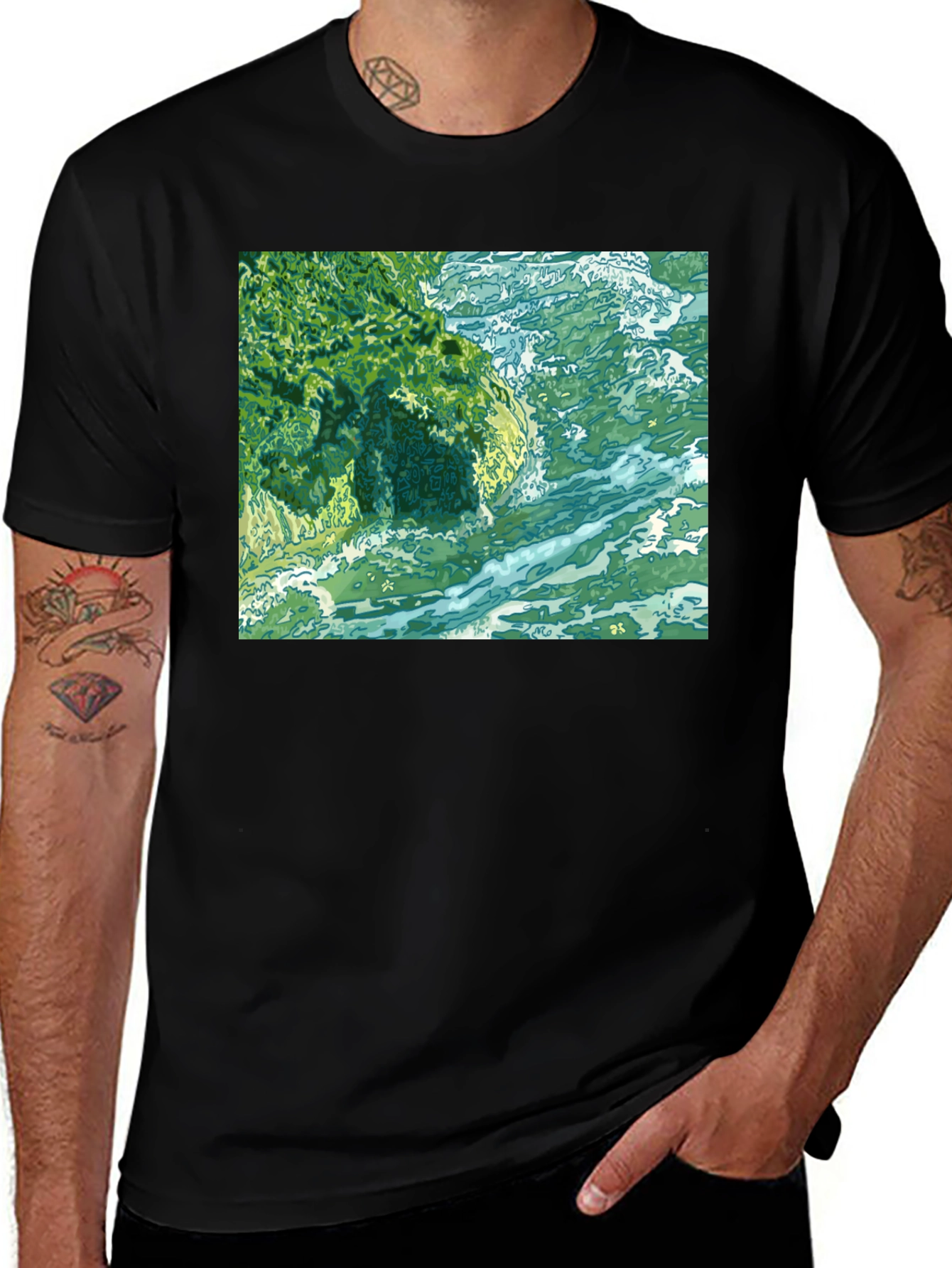 Variant 5 of Ocean Scene Graphic Tee - Black Cotton Blend