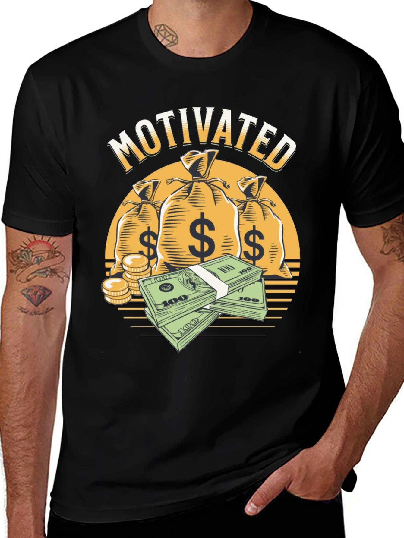 Variant 29 of Motivated Black T-Shirt - Money Bags Design
