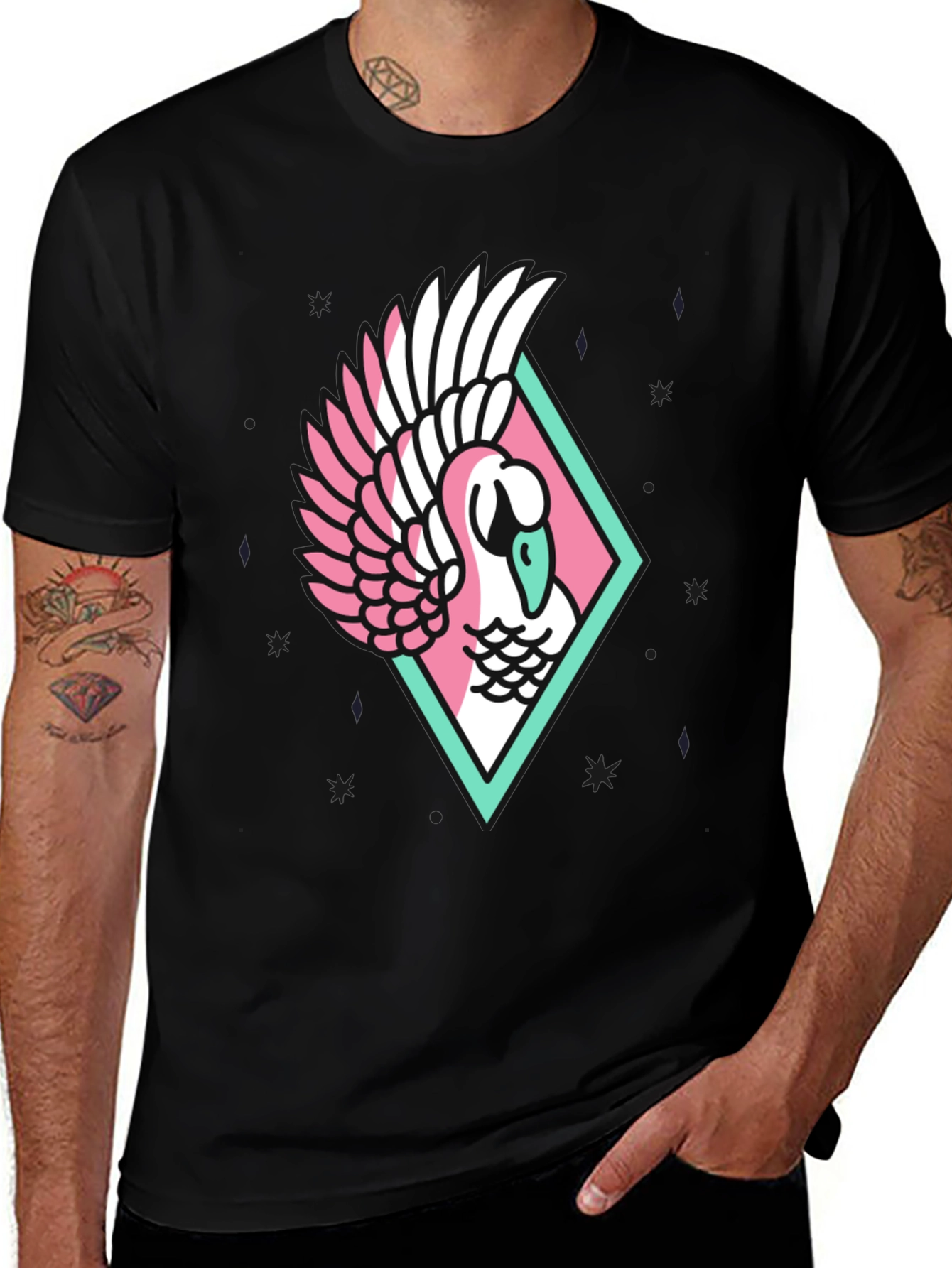 Black Geometric Swan Graphic Tee - Stylish Black T-Shirt main image