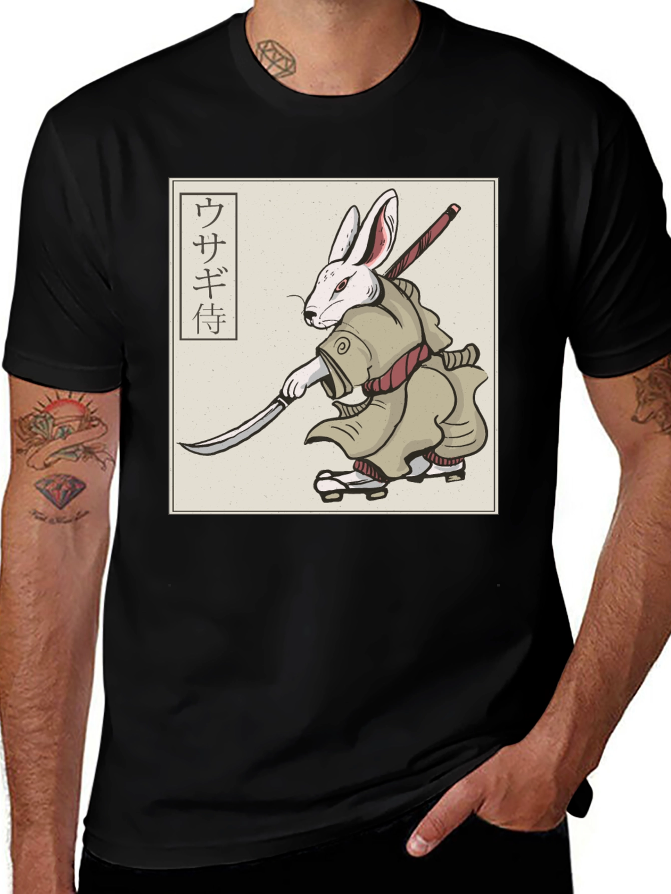 Variant 18 of Rabbit Samurai T-Shirt - Black Graphic Tee