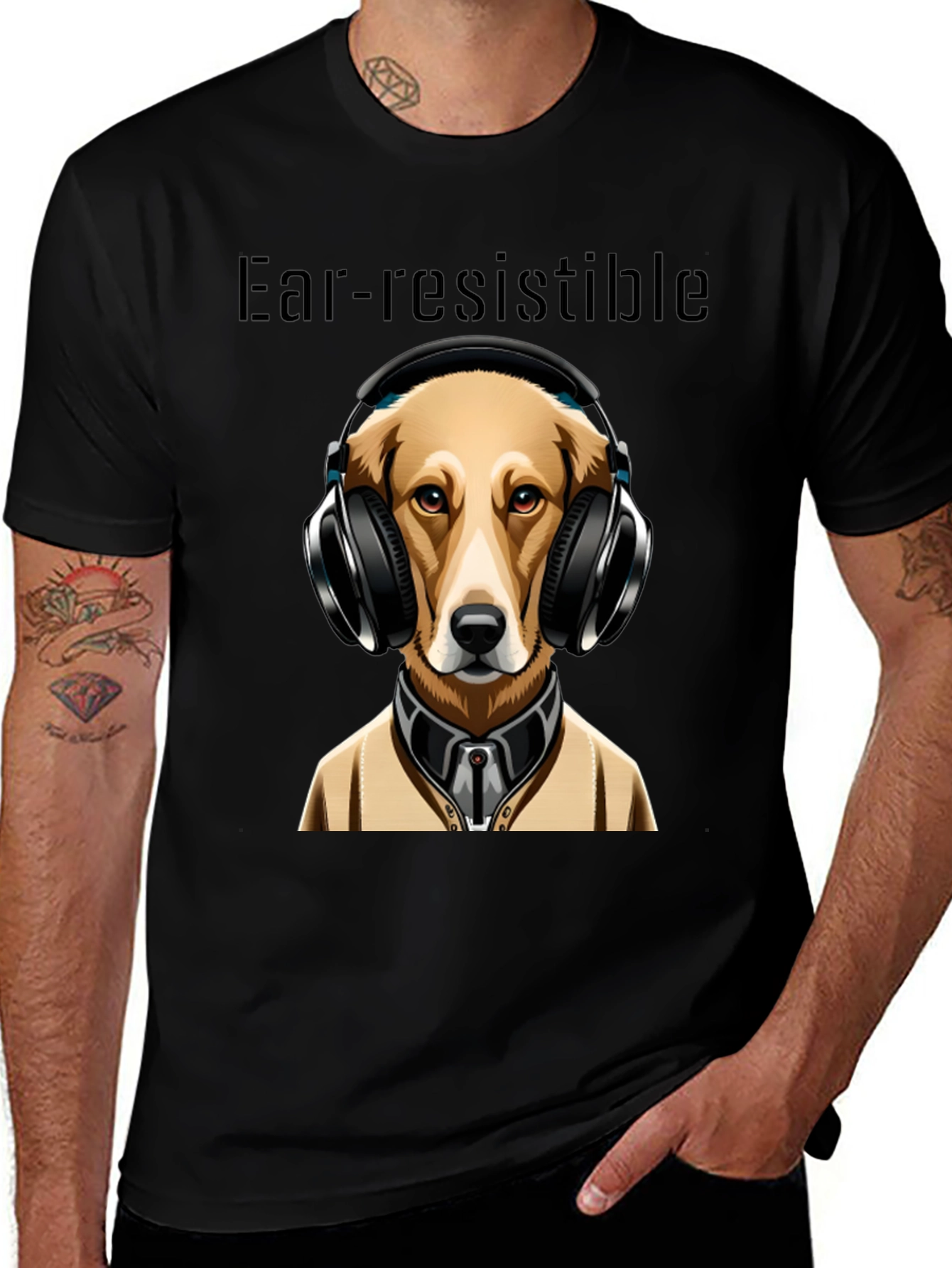 Black Ear-resistible Dog Headphones Graphic Tee main image