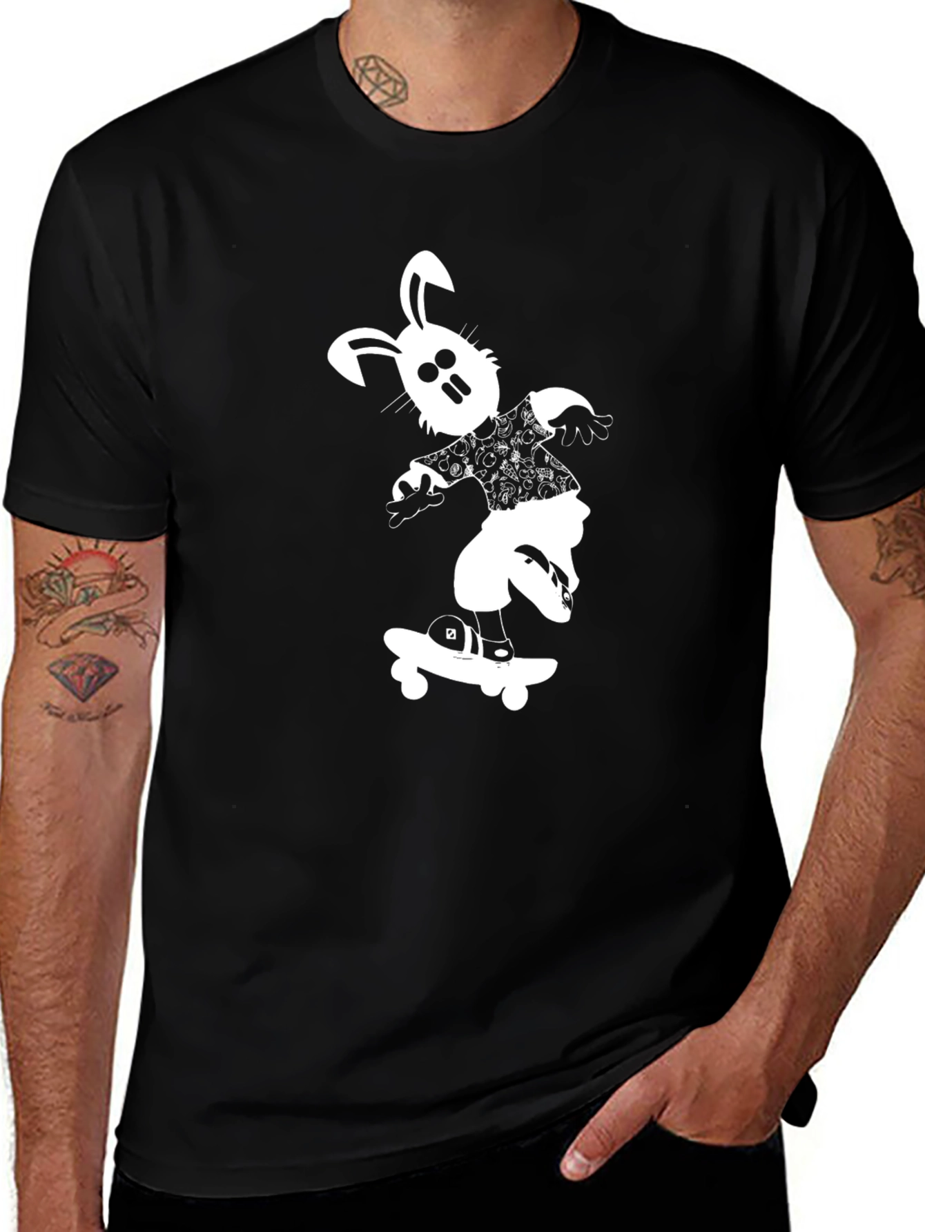 Variant 18 of Cool Black T-Shirt with Skateboard Bunny Design