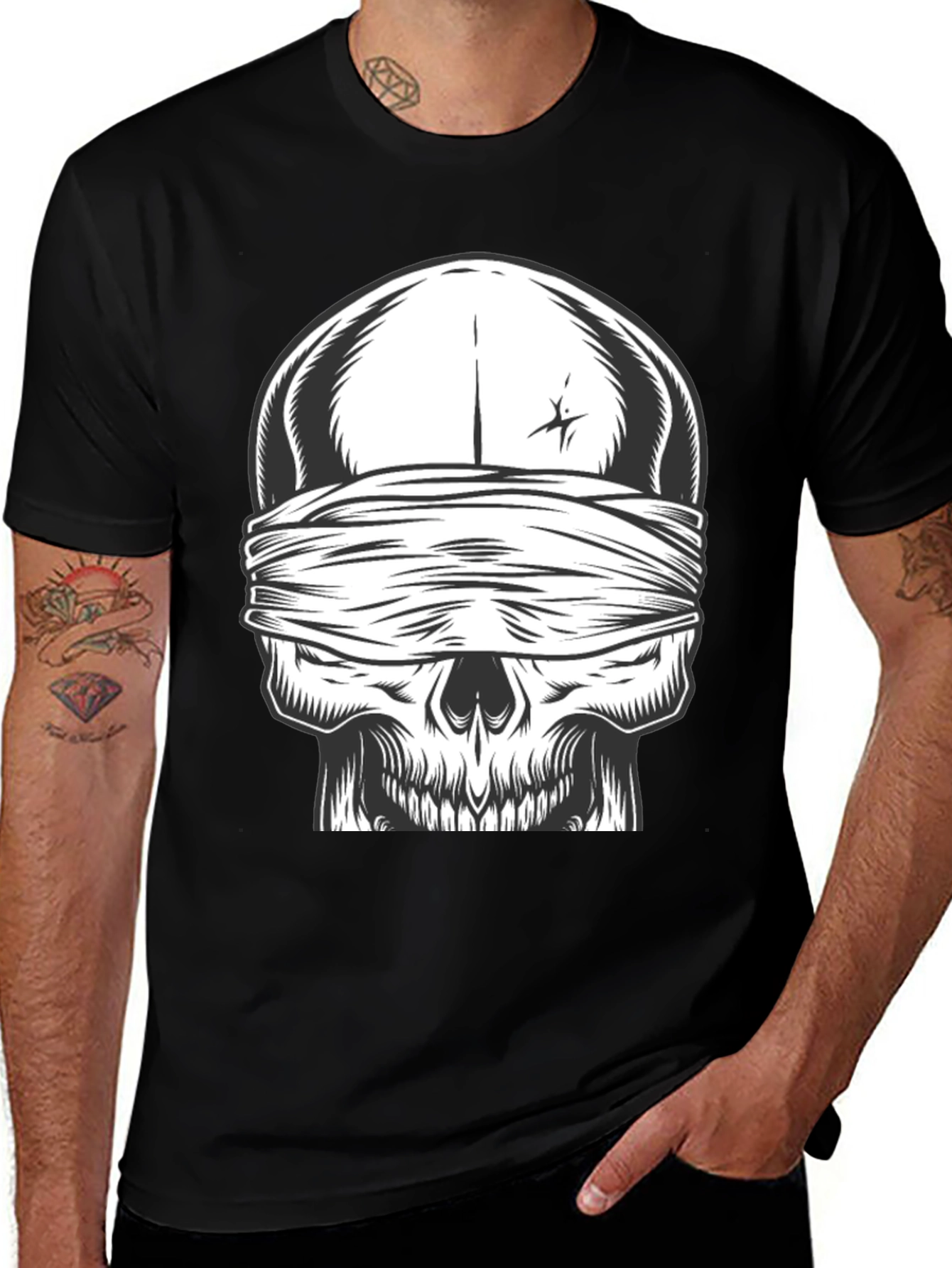 Variant 21 of Skull with Bandana Graphic Tee - Black Cotton Shirt