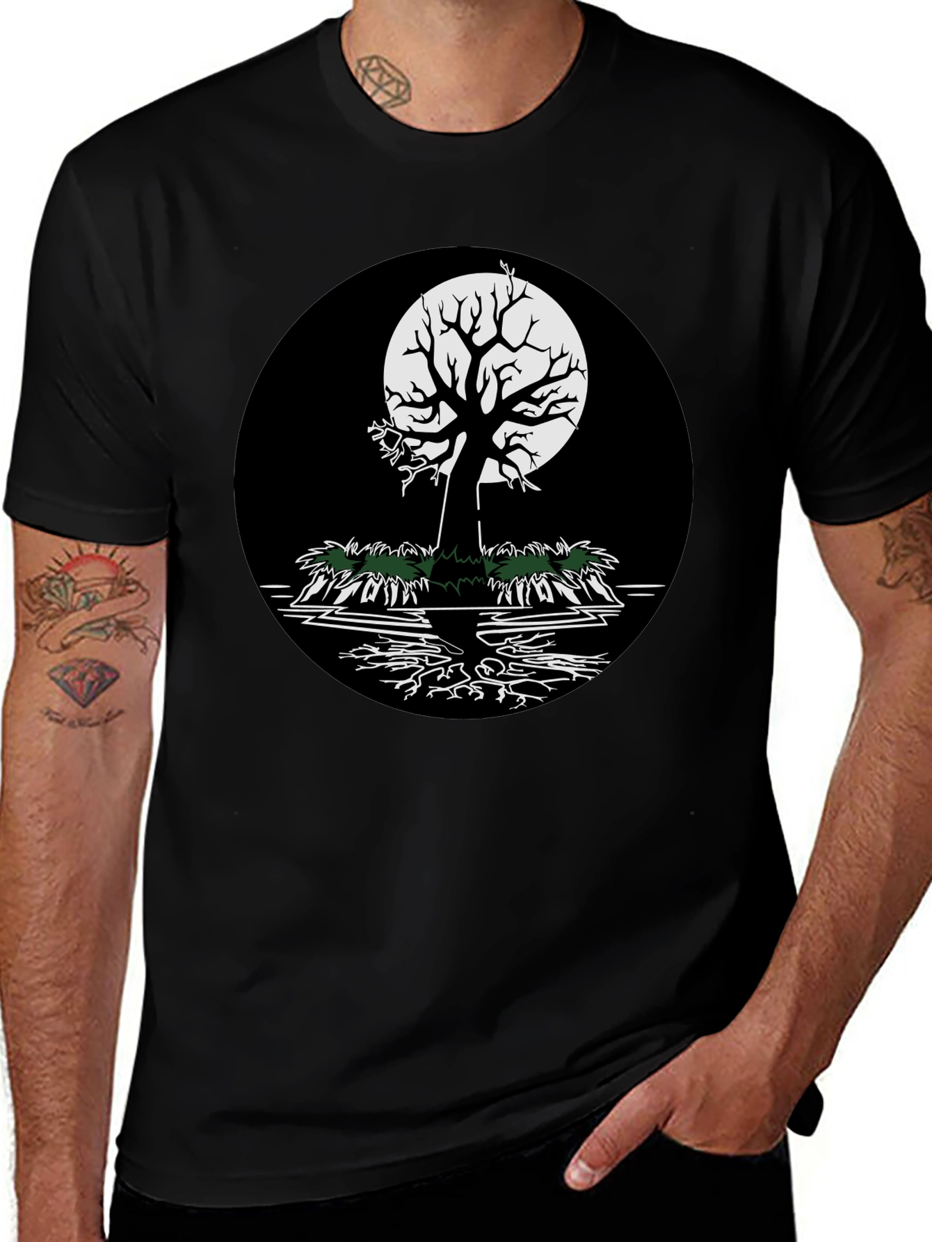 Variant 29 of Men's Black T-Shirt with Tree and Moon Graphic