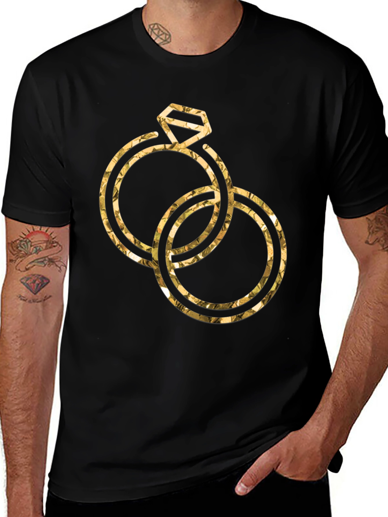 Variant 7 of Golden Wedding Rings Graphic Tee - Stylish Black T-Shirt