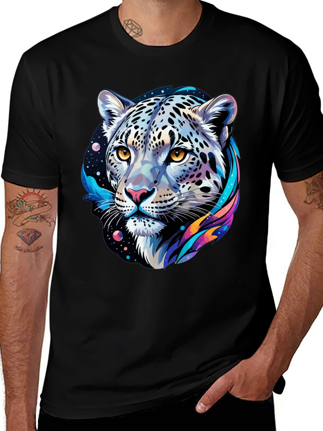 Variant 13 of Cosmic Leopard Graphic Black T-Shirt