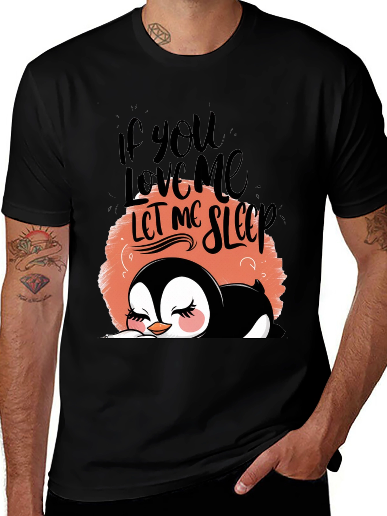 Cute Sleeping Penguin Graphic T-Shirt - Black