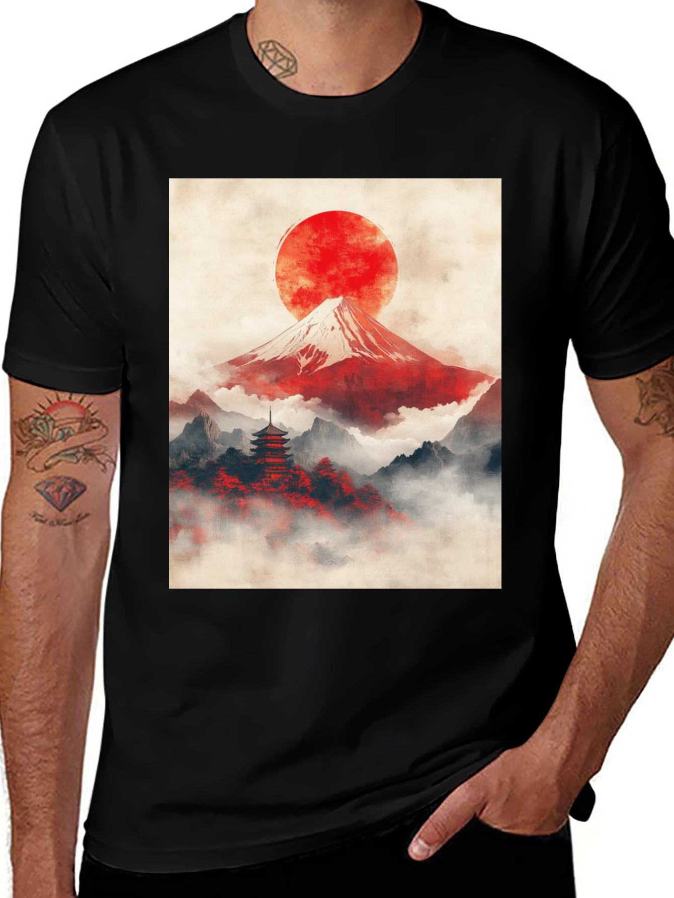 Variant 24 of Mount Fuji Rising Sun Graphic Tee - Black Cotton Blend