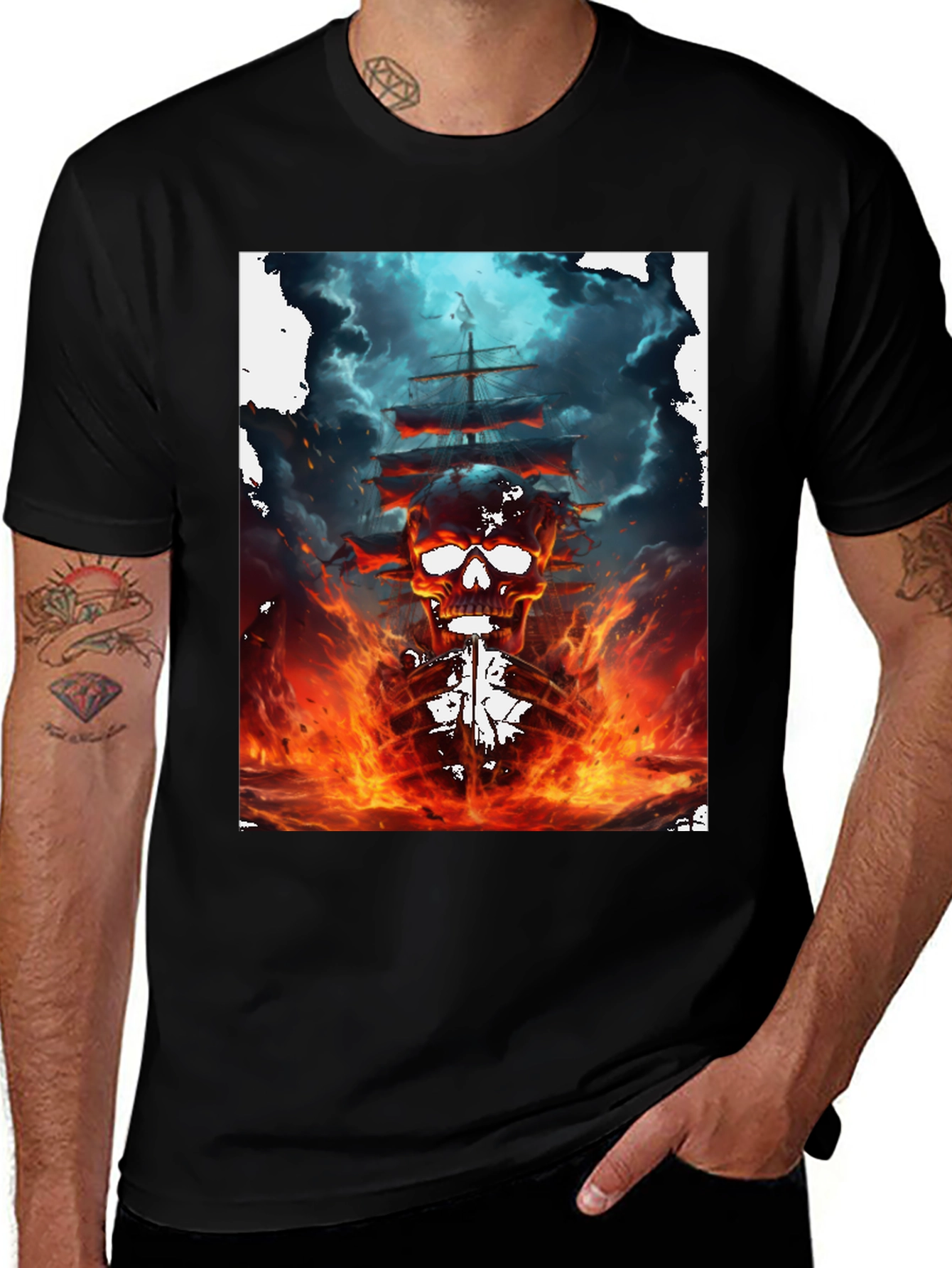Variant 24 of Skull Pirate Ship T-Shirt - Flaming Sea Design