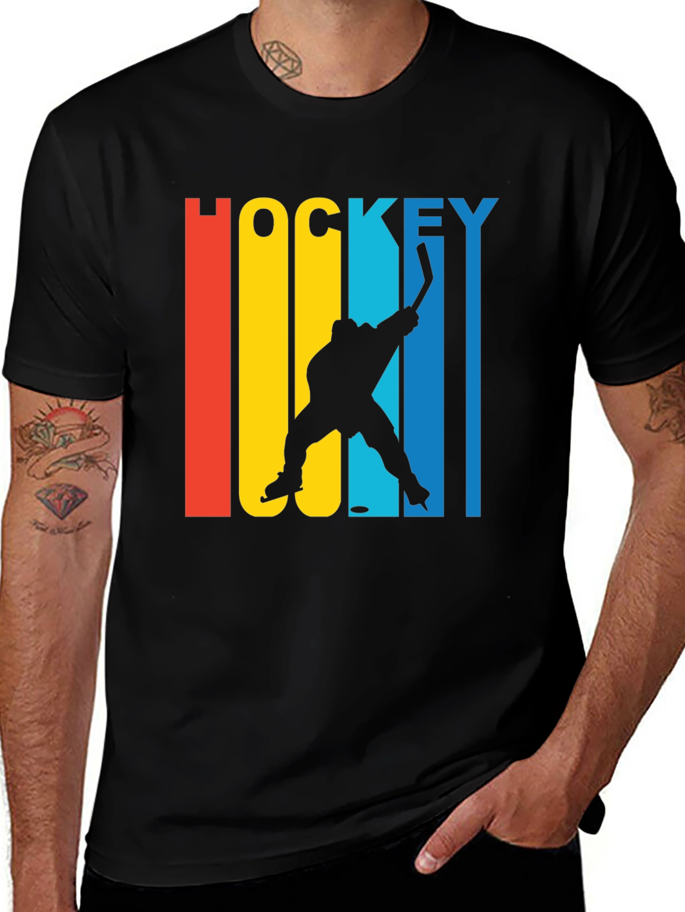 Variant 23 of Retro Hockey Player Graphic Tee - Black Cotton Blend