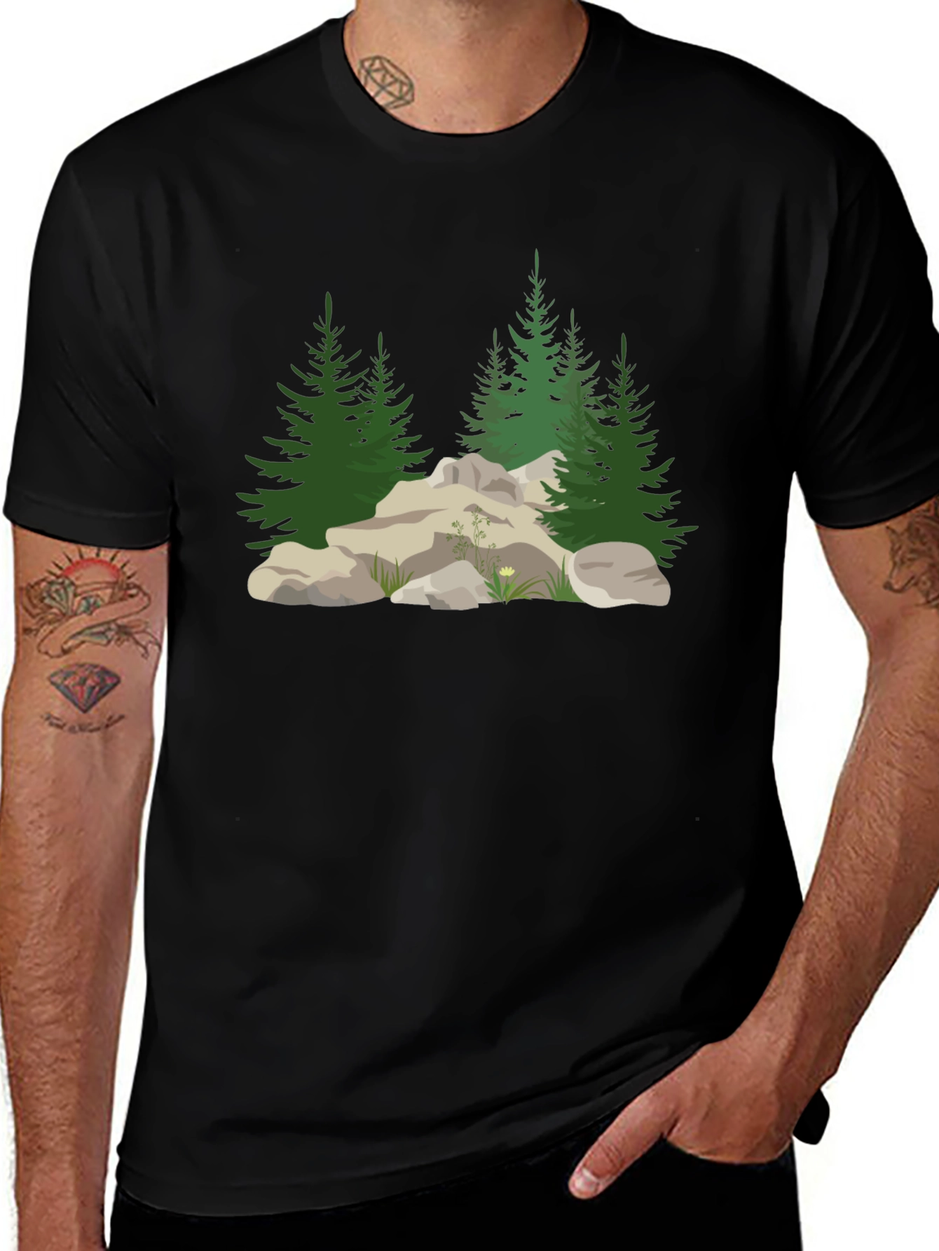Variant 27 of Nature Scene T-Shirt: Trees and Rocks Design