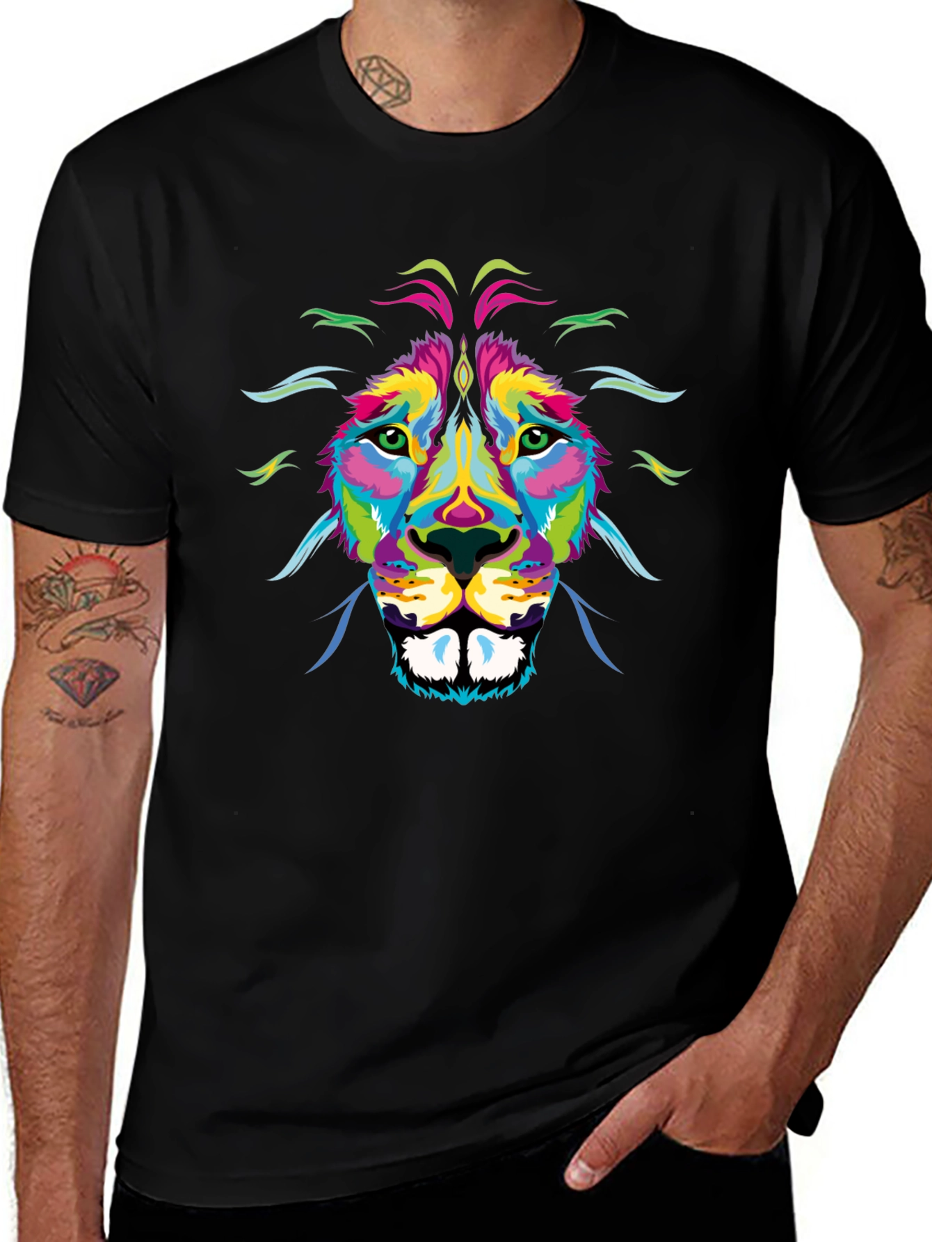 Variant 23 of Colorful Lion Graphic Black T-Shirt