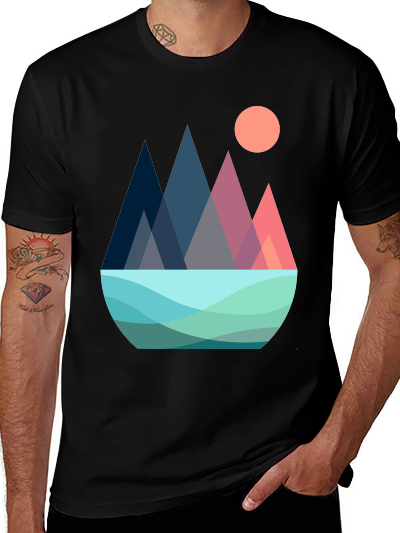 Variant 5 of Geometric Mountain & Lake Graphic Tee - Black