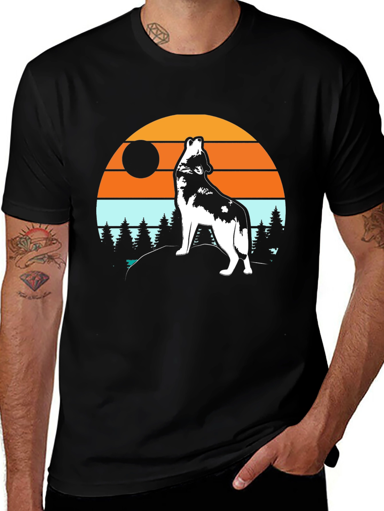 Variant 12 of Wolf Howling Sunset T-Shirt Black Graphic Tee