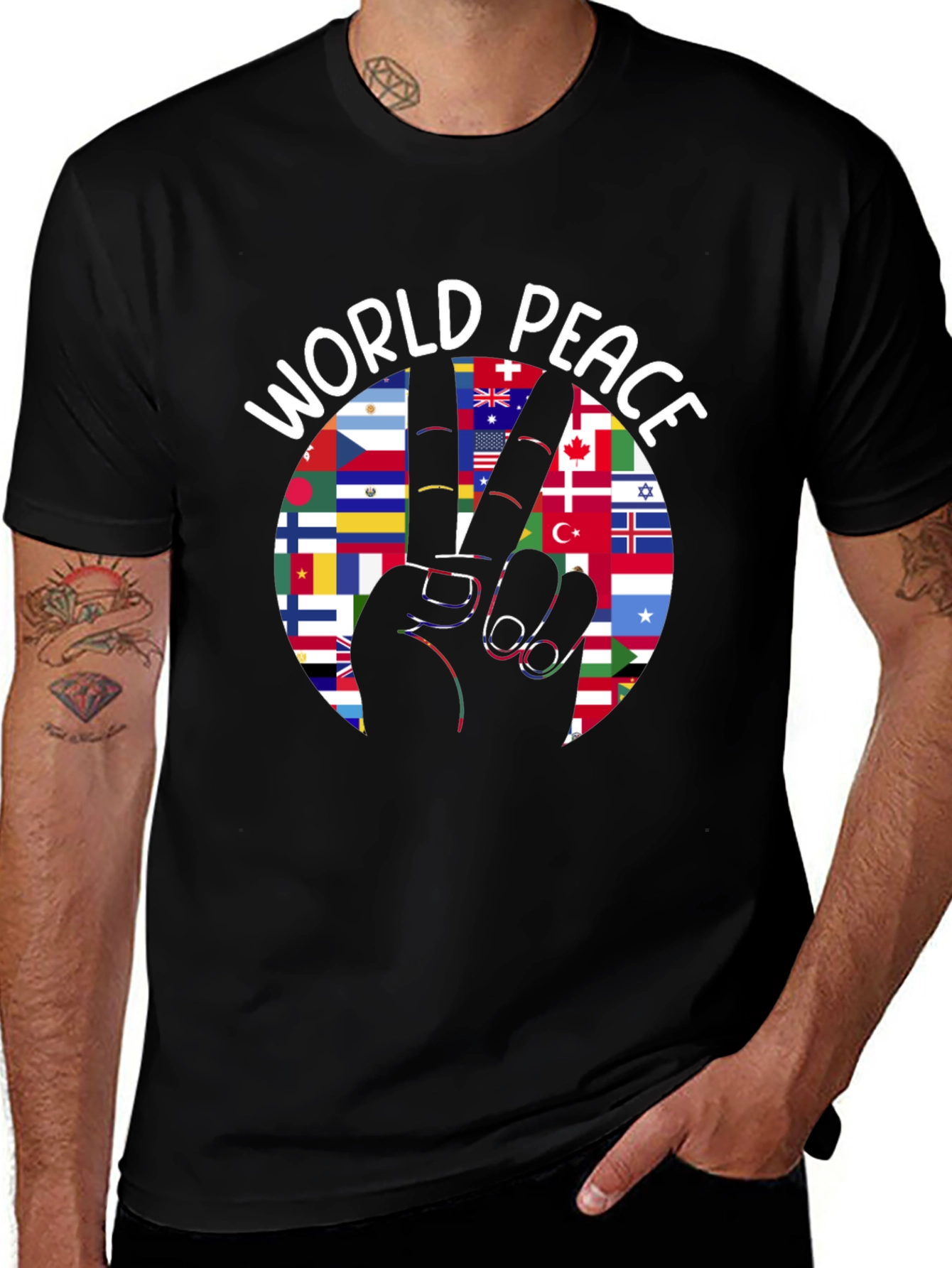 World Peace T-Shirt, International Flags, Peace Sign
