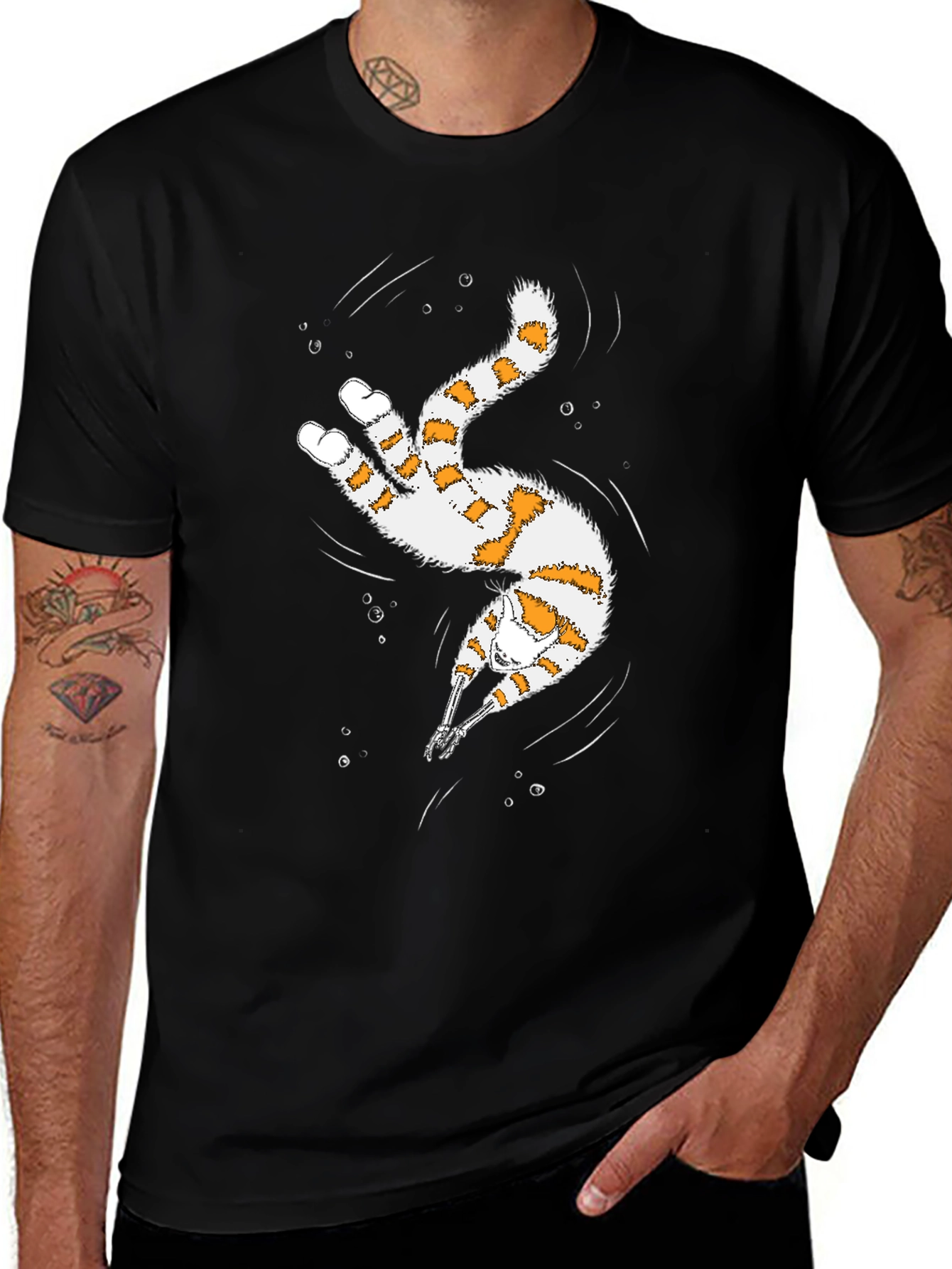 Variant 28 of Whimsical Diving Cat Graphic Tee - Black