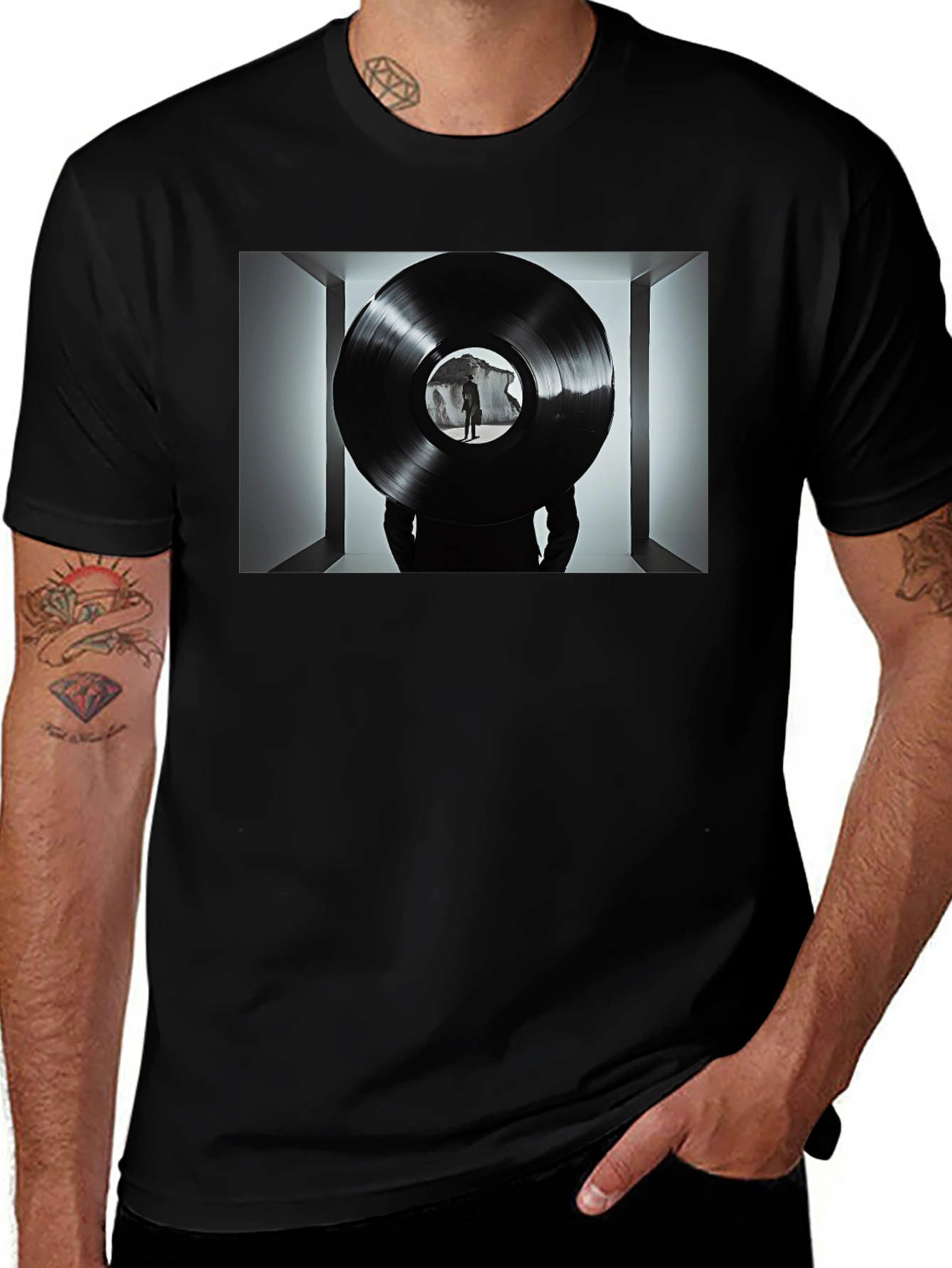 Variant 29 of Abstract Record Print Black Tee