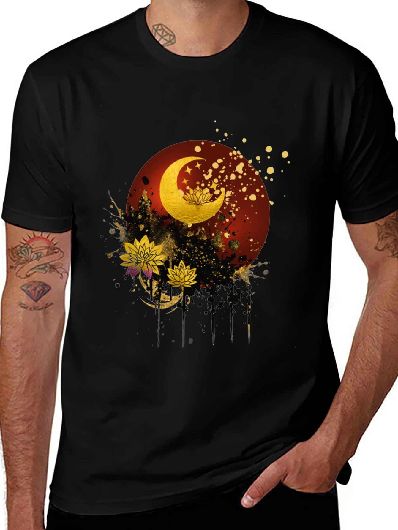Lunar Lotus Graphic Tee - Artistic Black T-Shirt