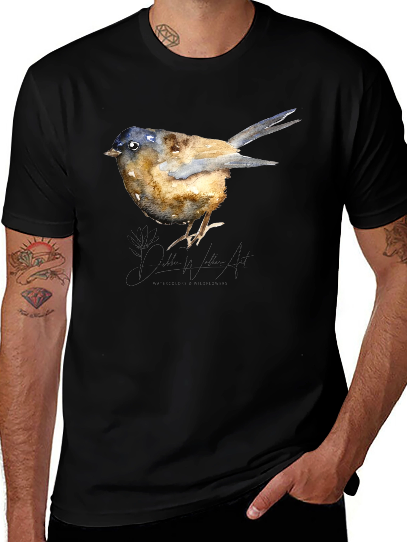 Variant 30 of Watercolor Bird Graphic Tee - Stylish Black T-Shirt