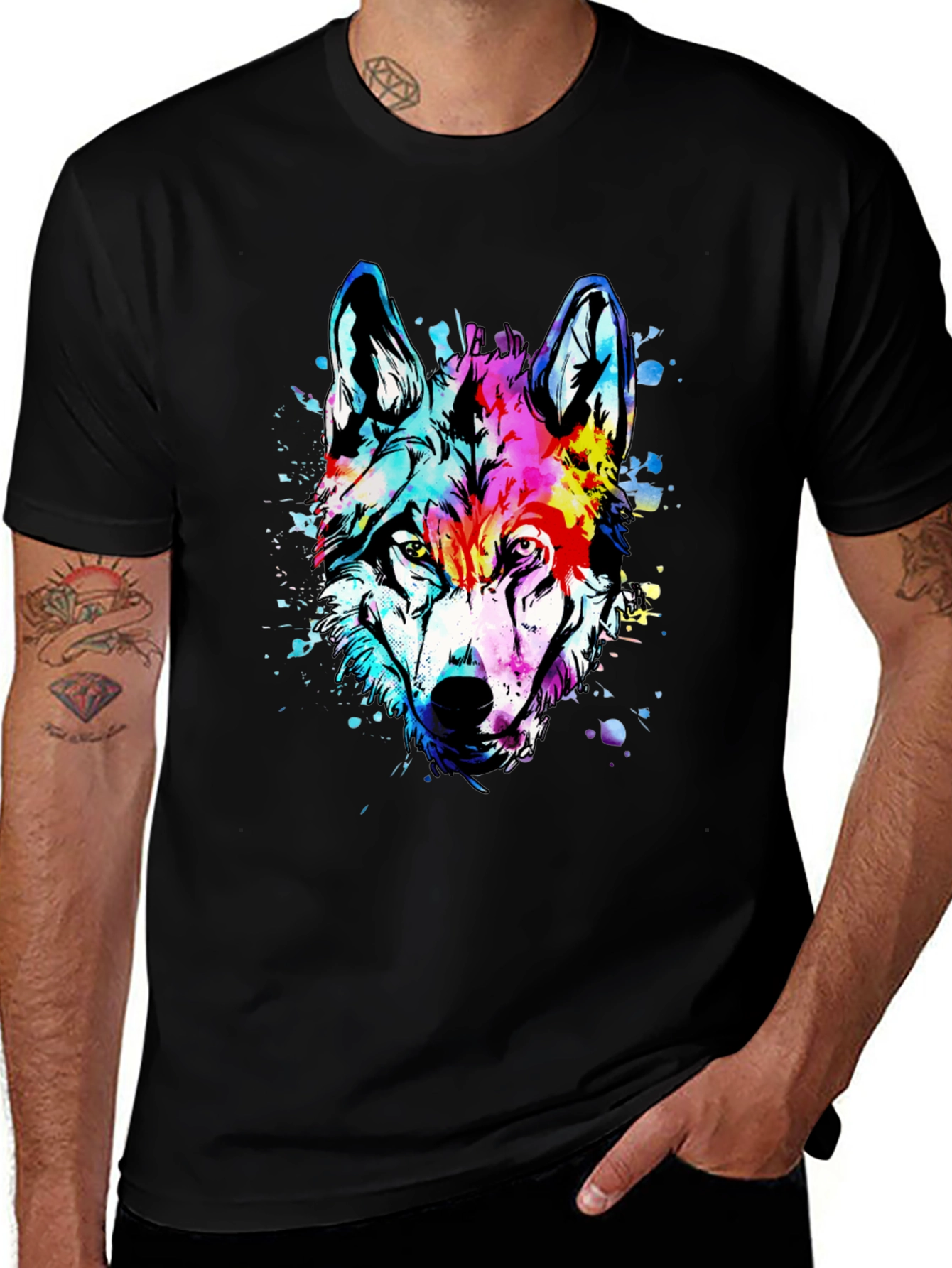 Variant 28 of Vivid Wolf Graphic Tee - Men's Black Cotton T-Shirt