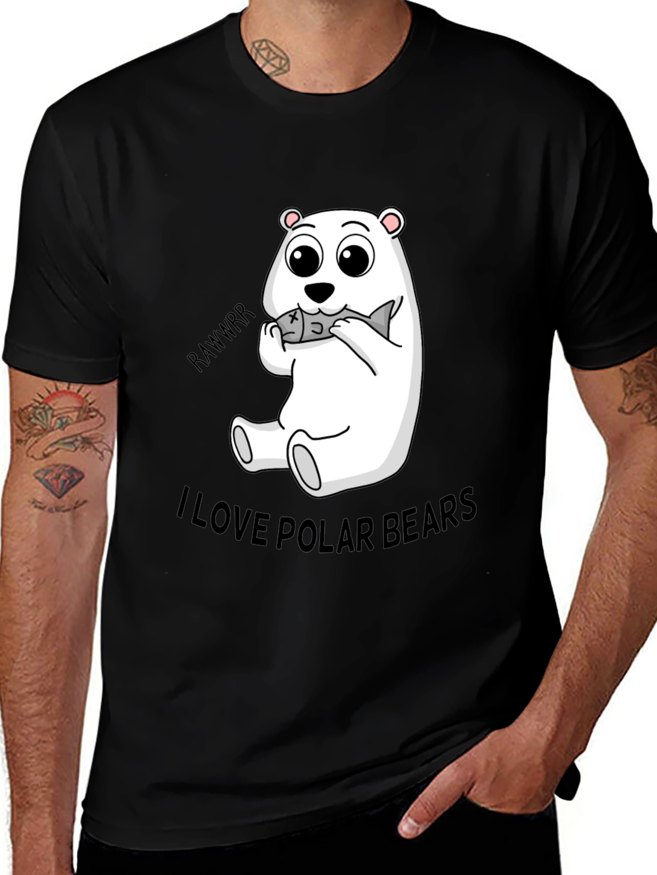 Variant 13 of Cute Polar Bear Eating Fish Black T-Shirt