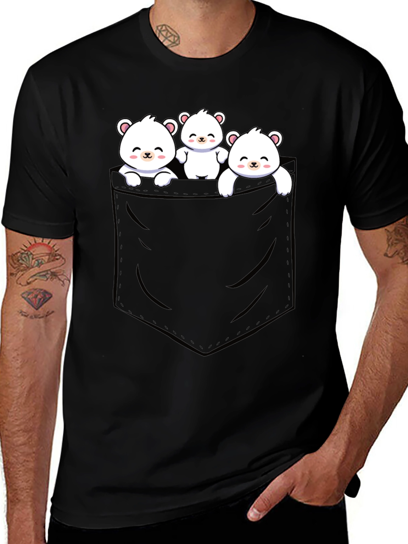 Variant 4 of Cute Bear Pocket T-Shirt - Black Cotton Blend