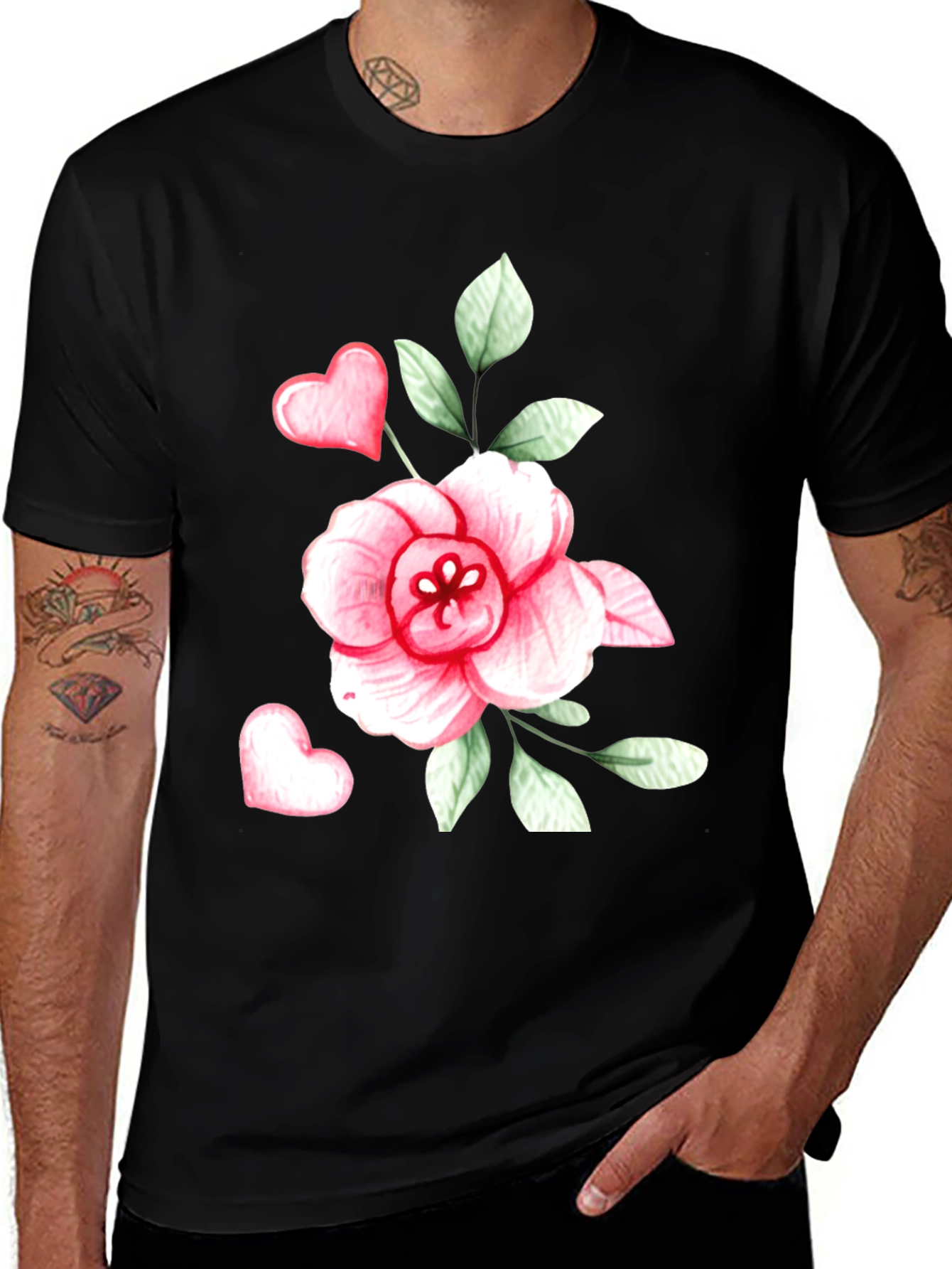 Variant 3 of Floral Heart Graphic Tee - Trendy Black Cotton T-Shirt