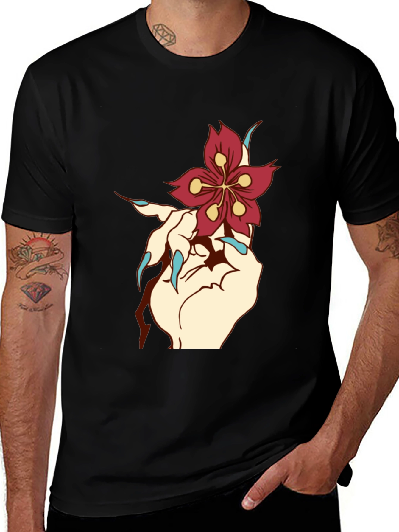Variant 11 of Floral Hand Graphic Tee - Black T-Shirt