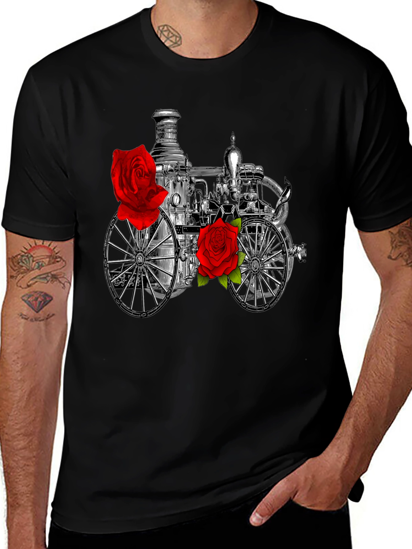 Variant 26 of Steam Engine and Roses Graphic Tee