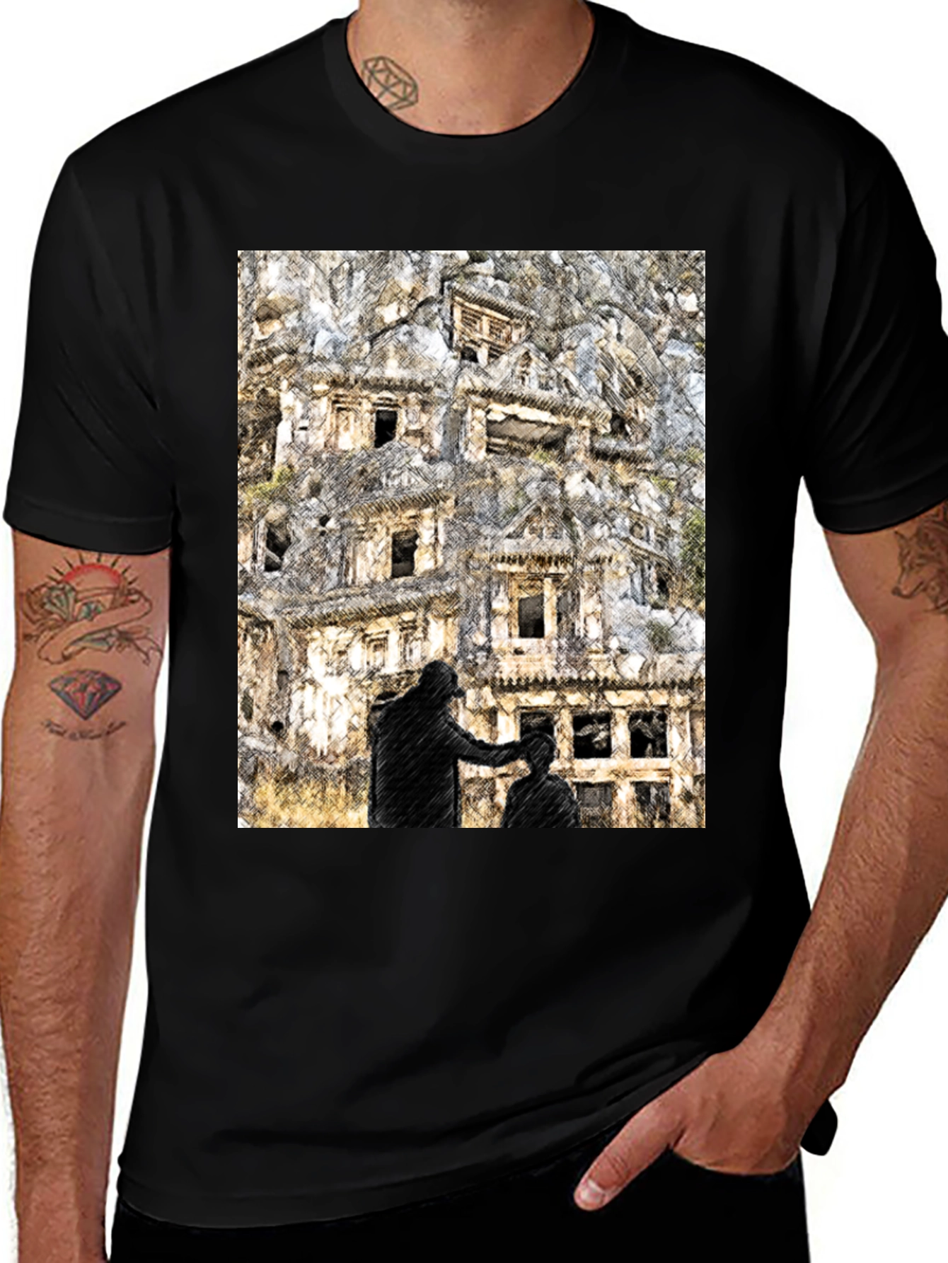 Black Urban Sketch Tee: Barber Shop Graphic Print main image
