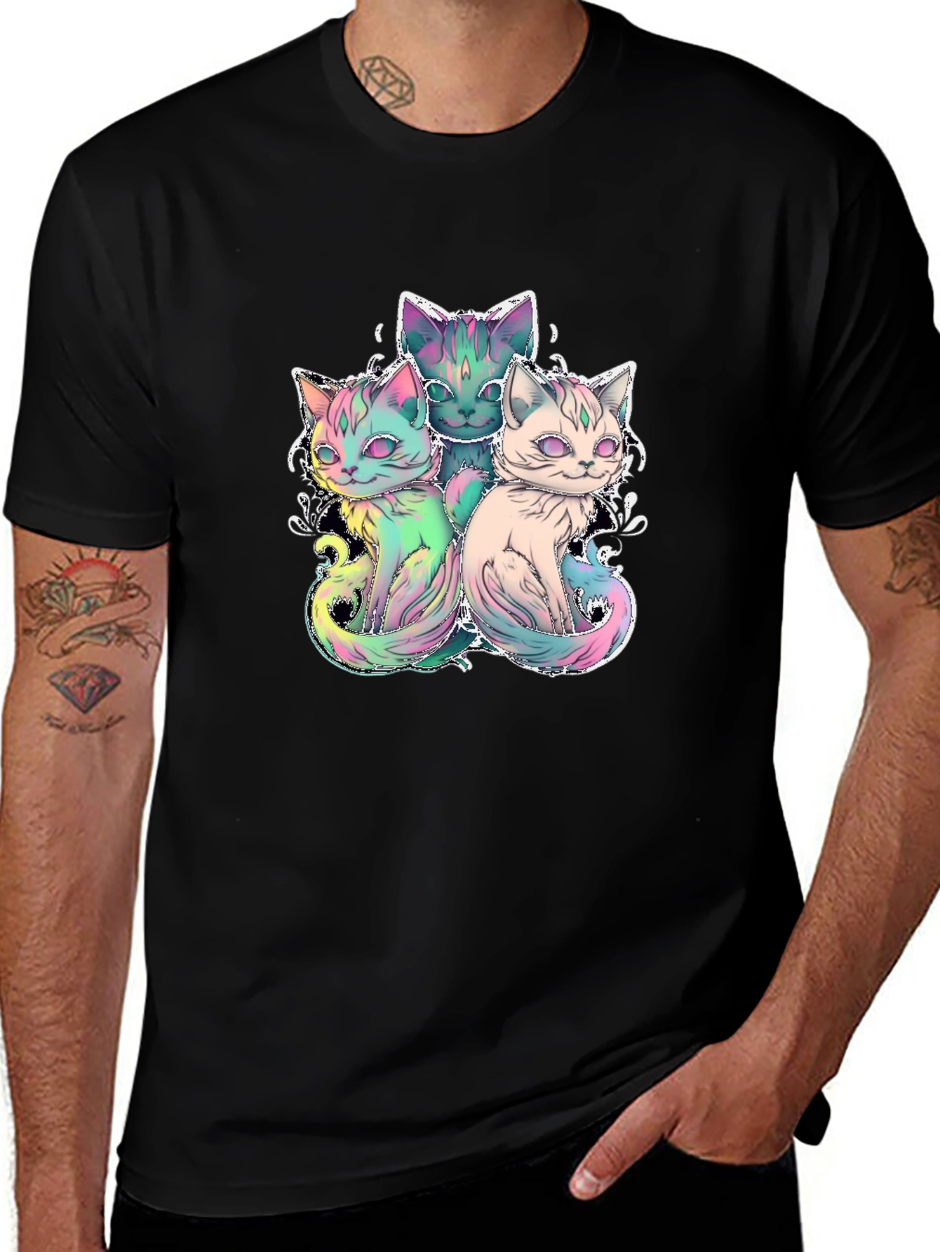 Trippy Cats Graphic Tee - Black Cotton T-Shirt