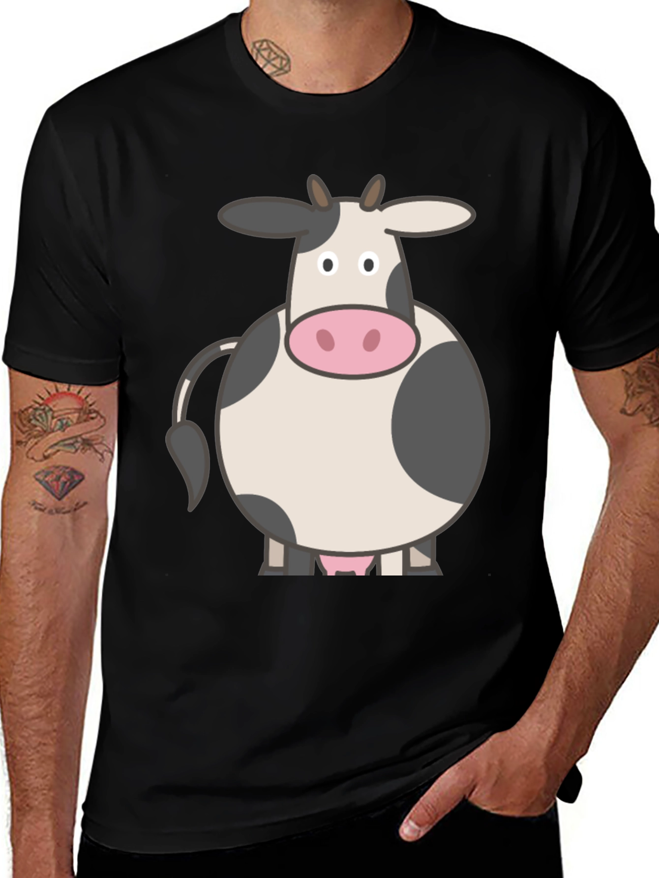 Cartoon Cow Graphic Tee - Black Cotton T-Shirt