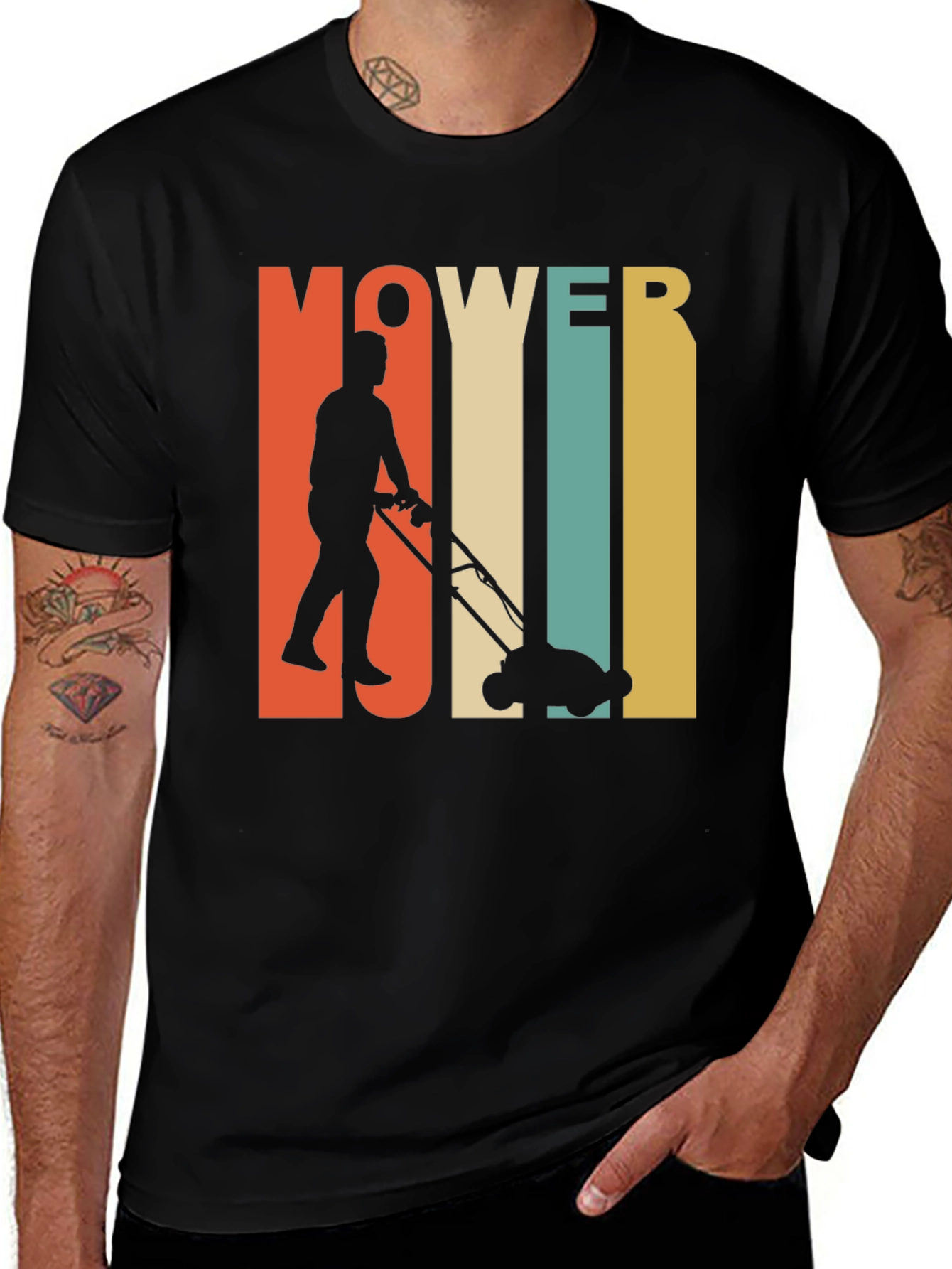 Black Vintage Mower Man T-Shirt - Retro Lawn Care Design main image
