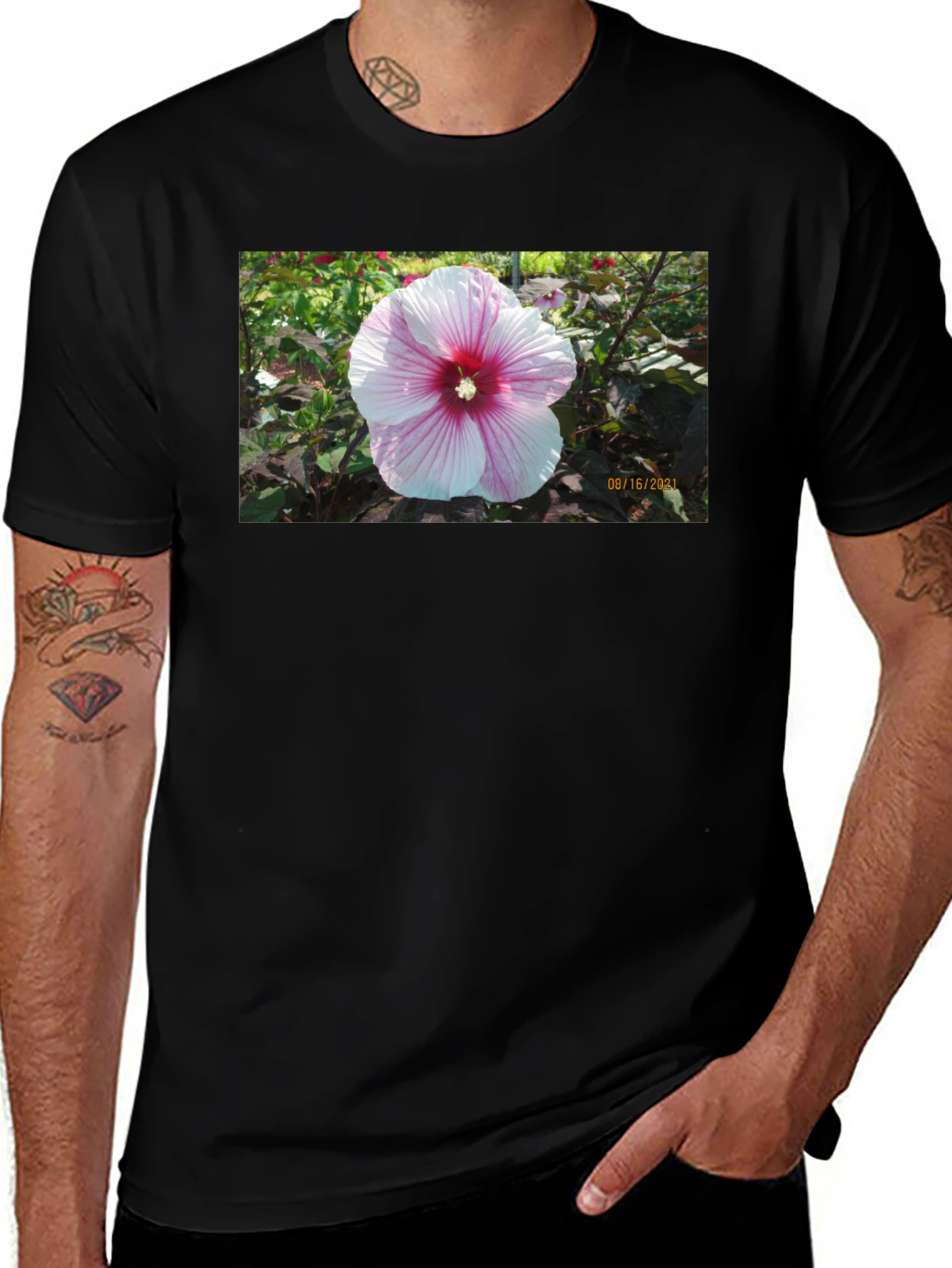 Variant 5 of Floral T-Shirt with Date Stamp - Black Casual Tee