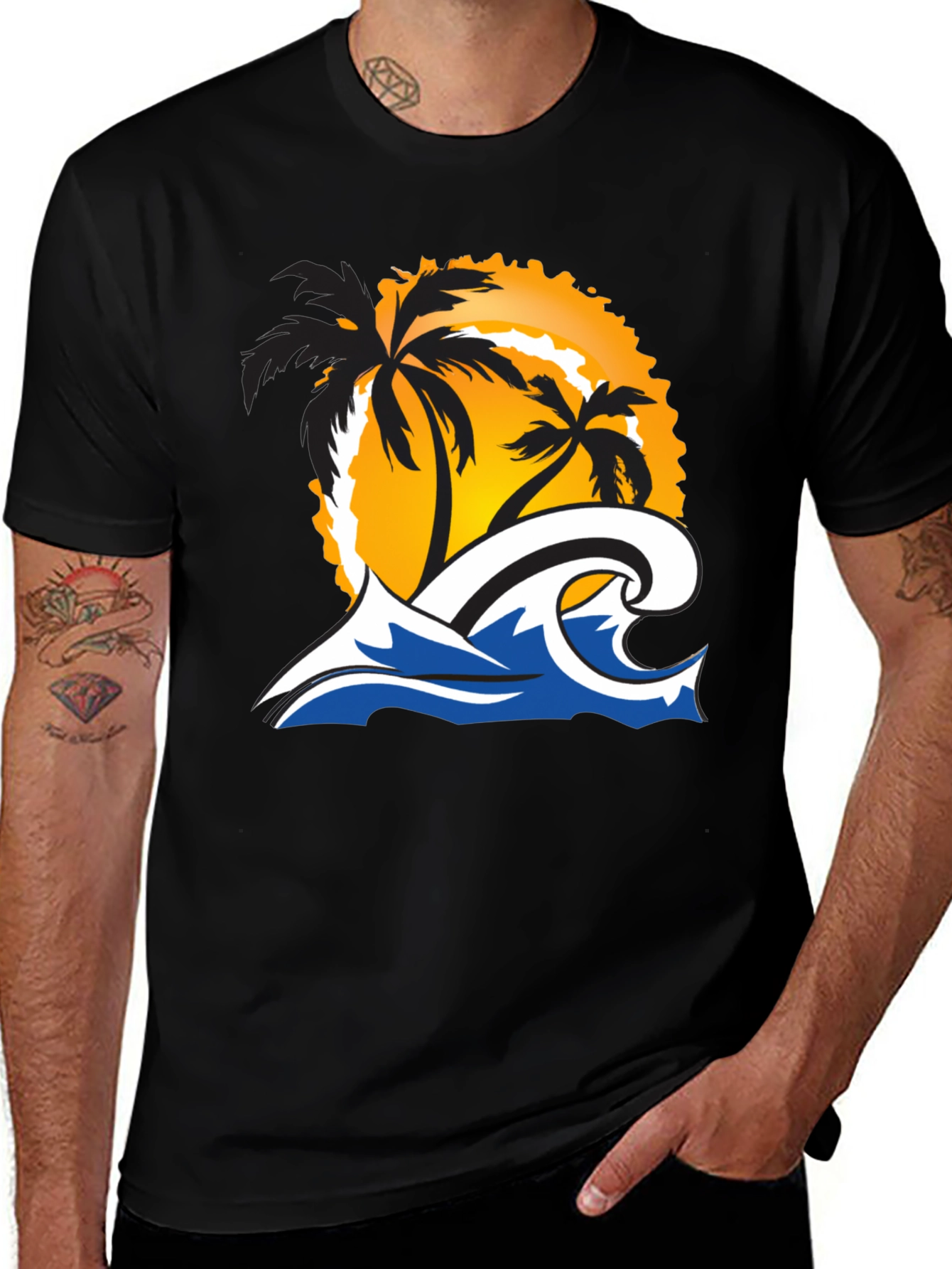 Variant 11 of Tropical Wave Graphic Tee - Black Short Sleeve Shirt