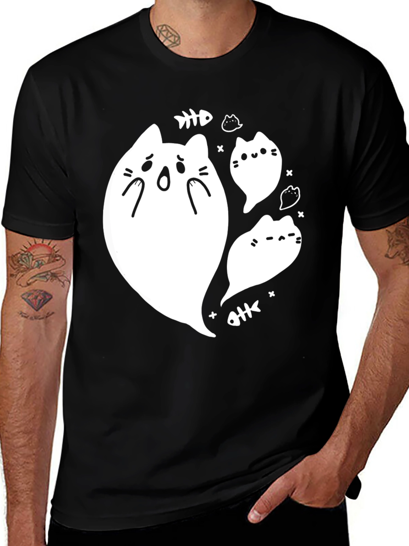 Variant 9 of Cute Ghost Cat T-Shirt - Black