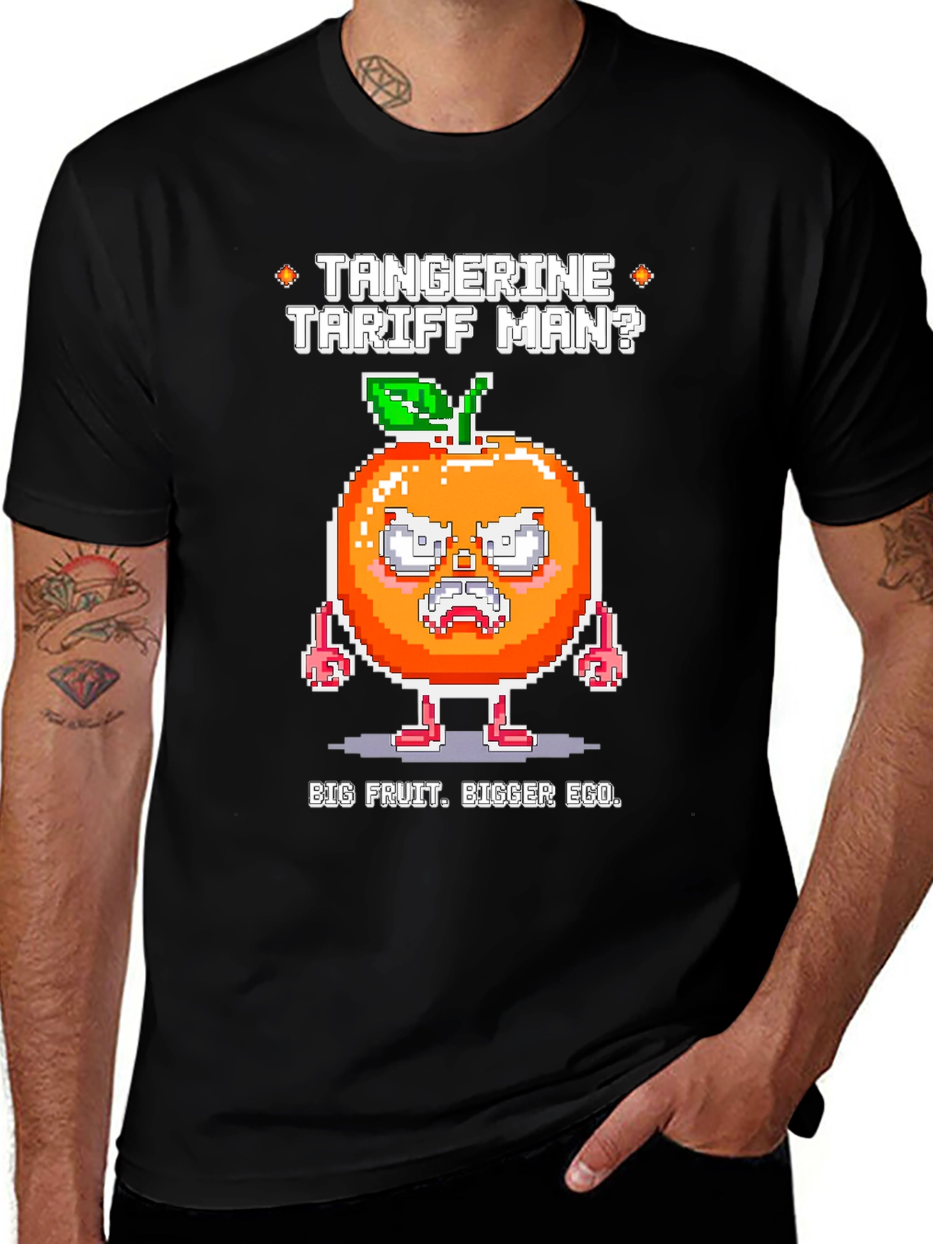 Variant 4 of Tangerine Tariff Man Graphic Tee - Big Fruit, Bigger Ego!
