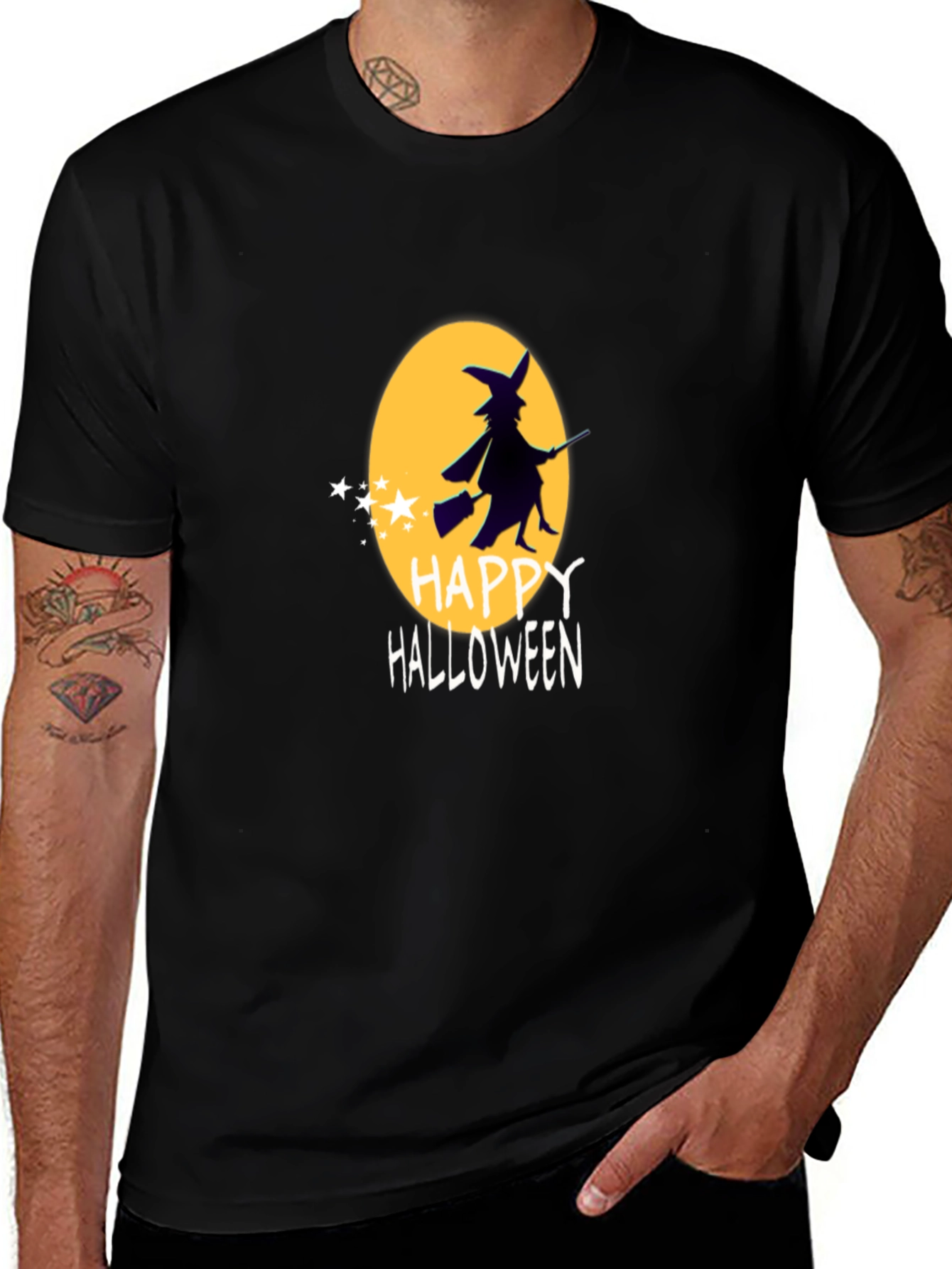 Halloween Witch Graphic Tee - Black Cotton T-Shirt