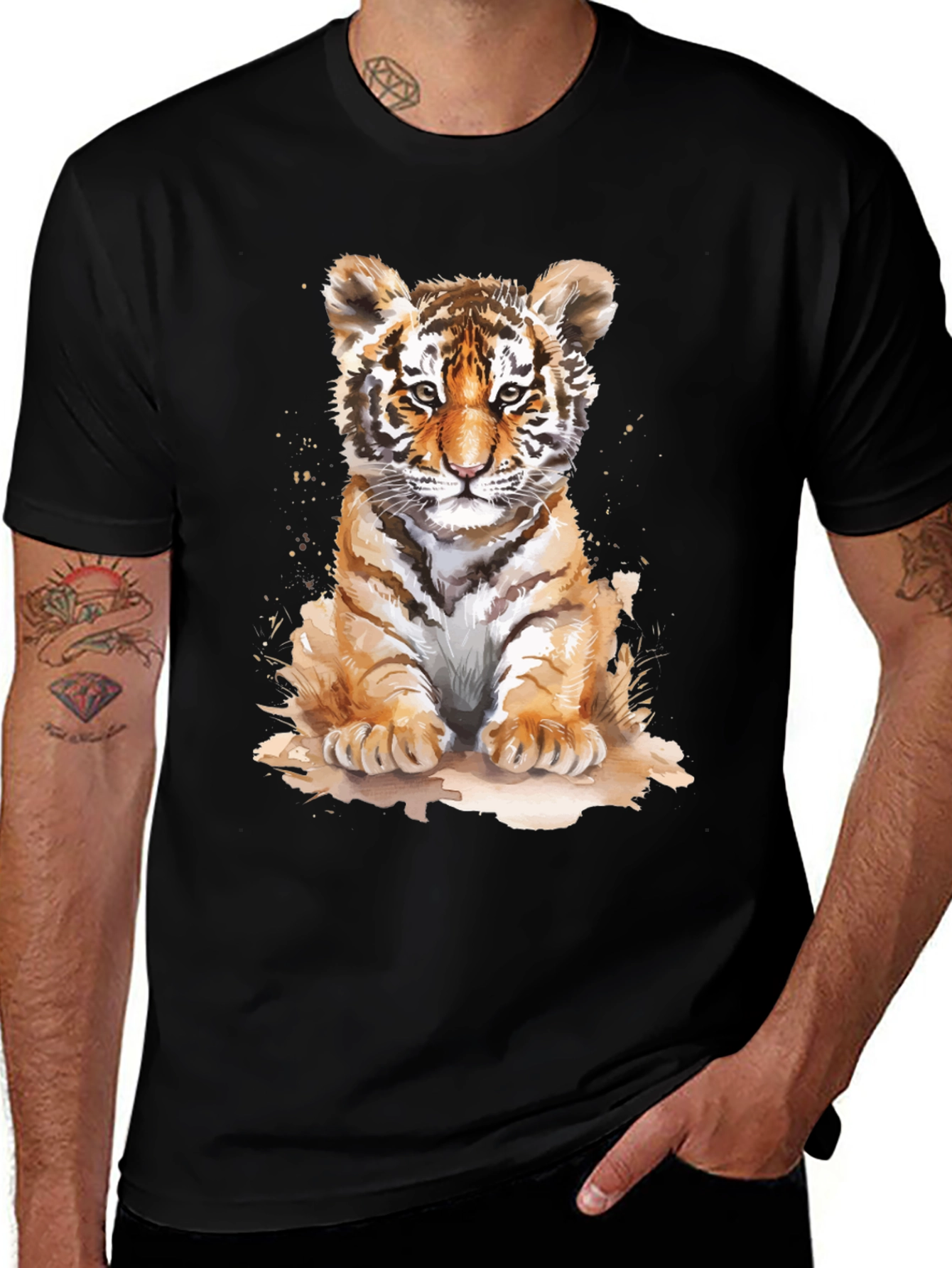 Variant 20 of Cute Tiger Cub Graphic Tee - Black Cotton T-Shirt