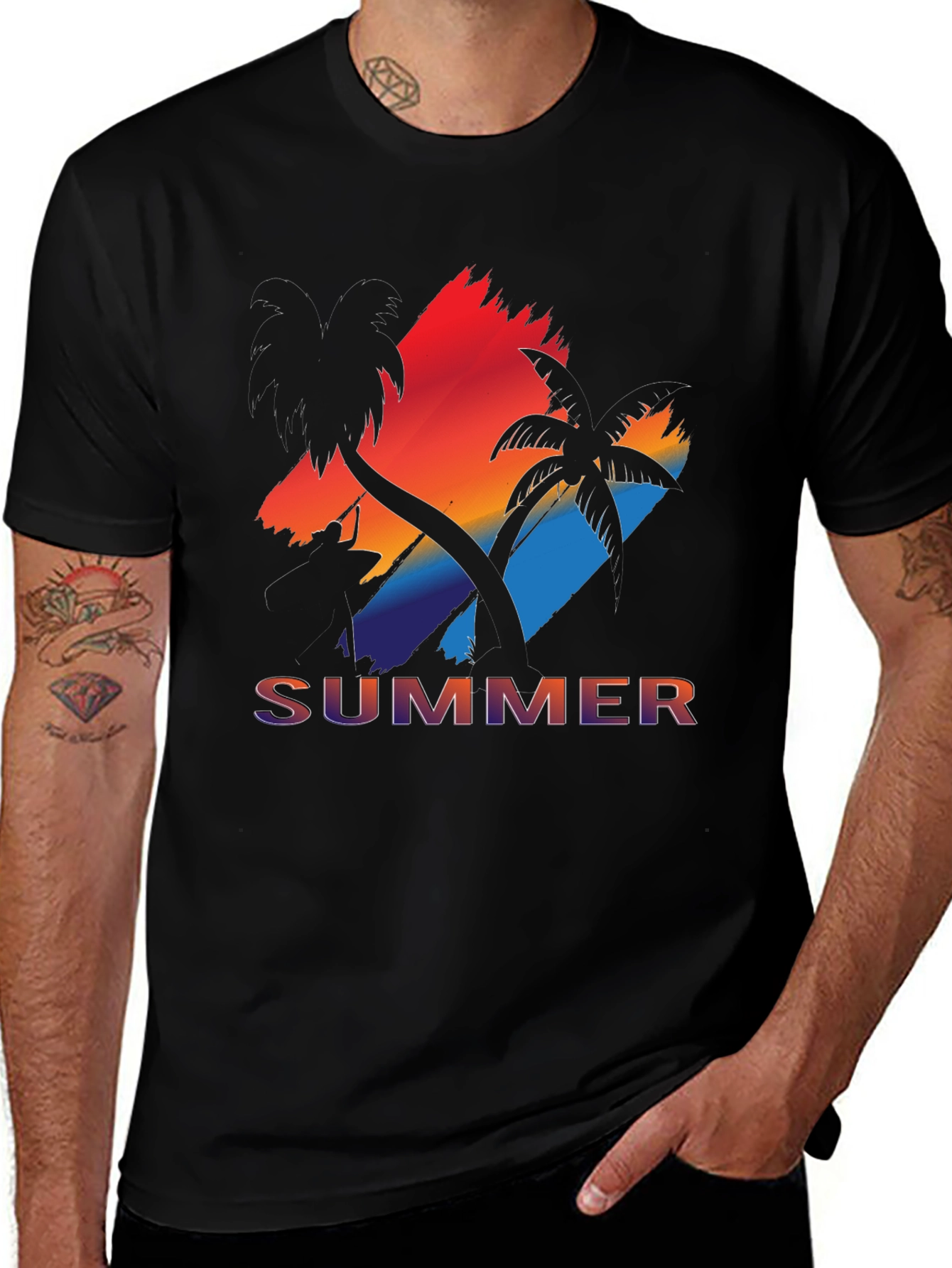 Black Summer Vibes Graphic Tee - Palm Tree Sunset main image