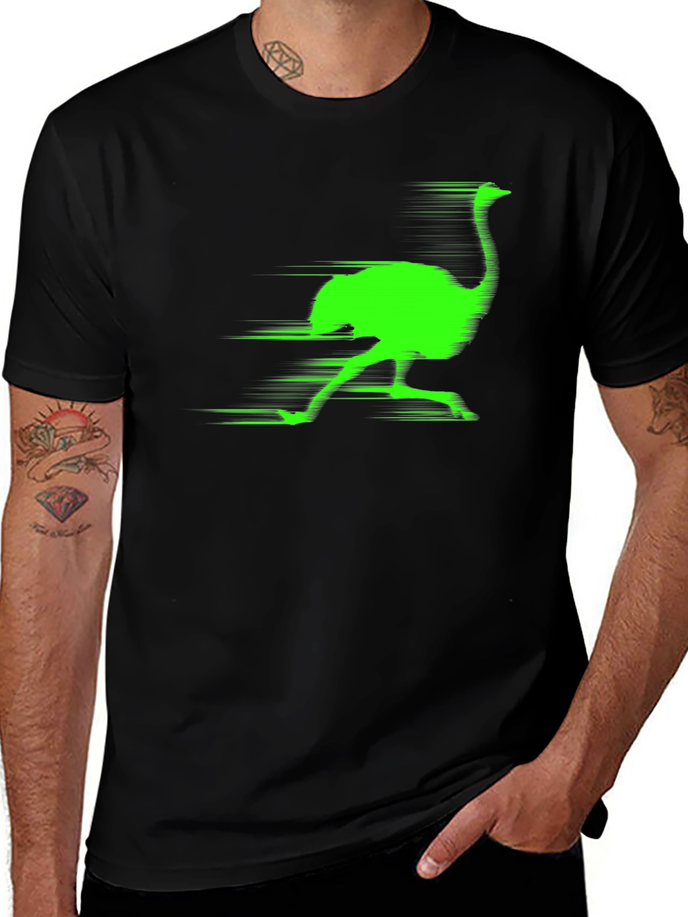 Neon Ostrich Print Black T-Shirt