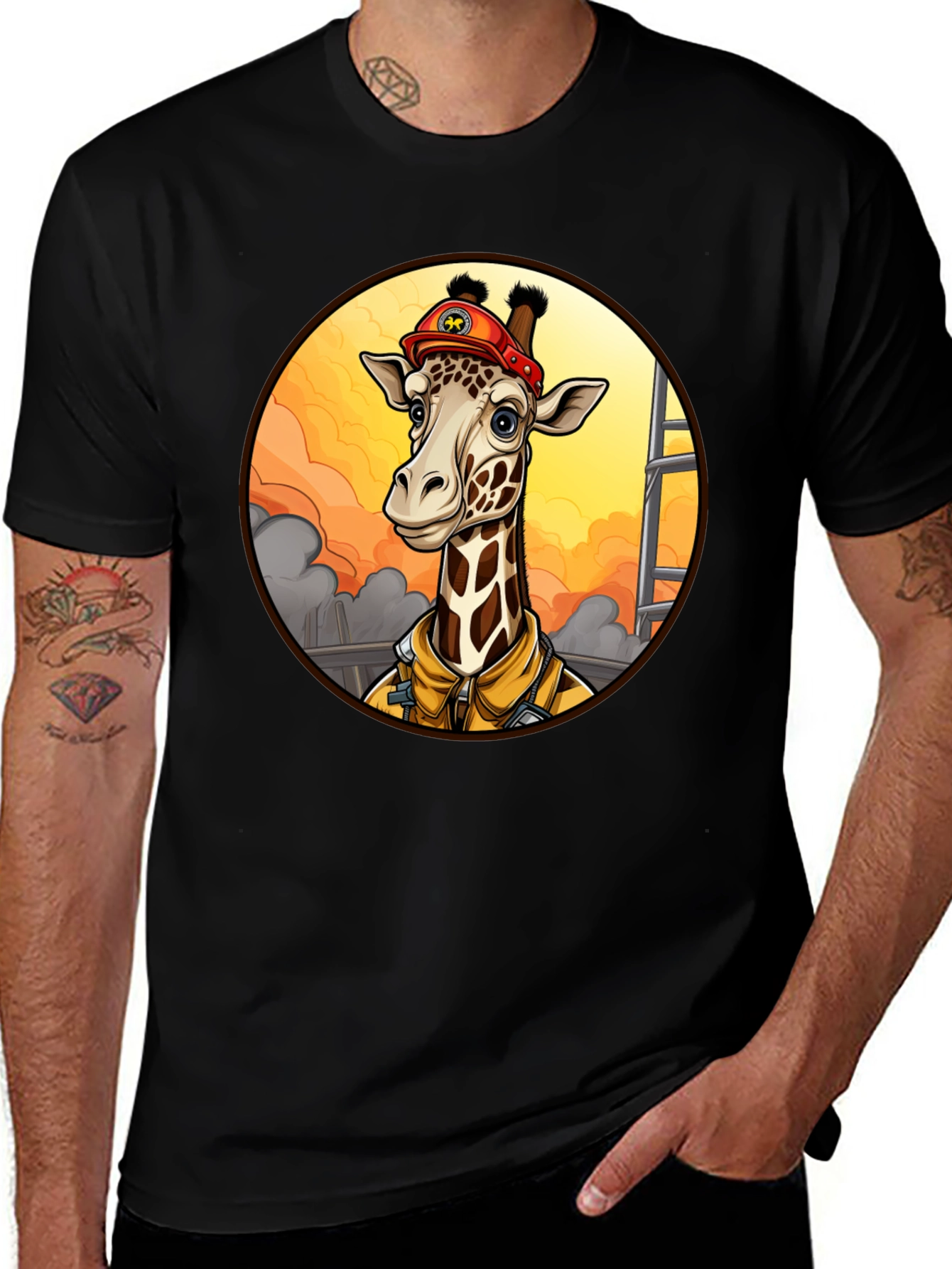 Variant 29 of Giraffe Firefighter T-Shirt - Unique Cartoon Design