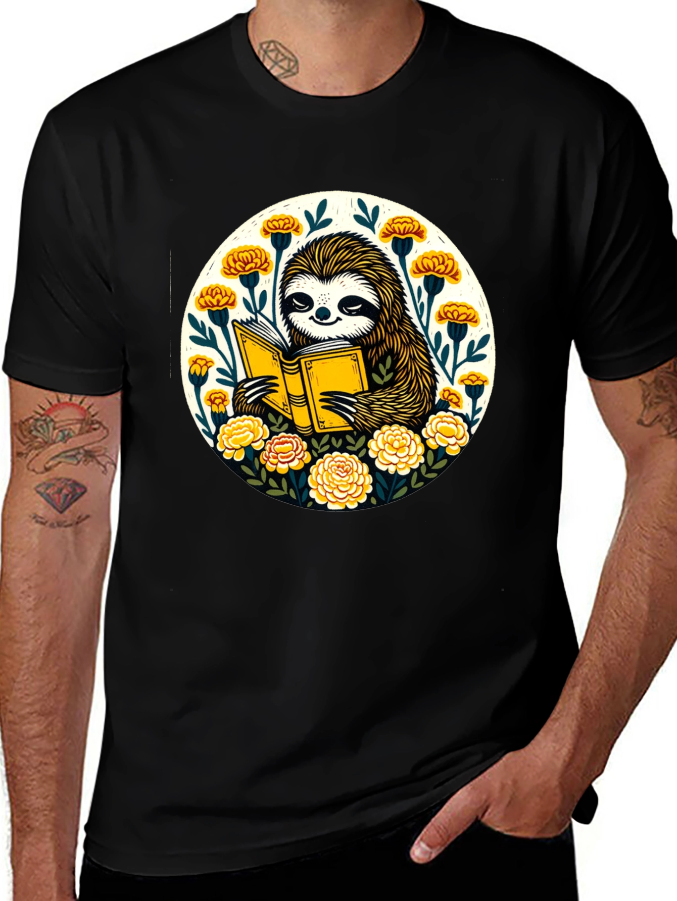 Variant 15 of Reading Sloth Graphic Tee - Black T-Shirt